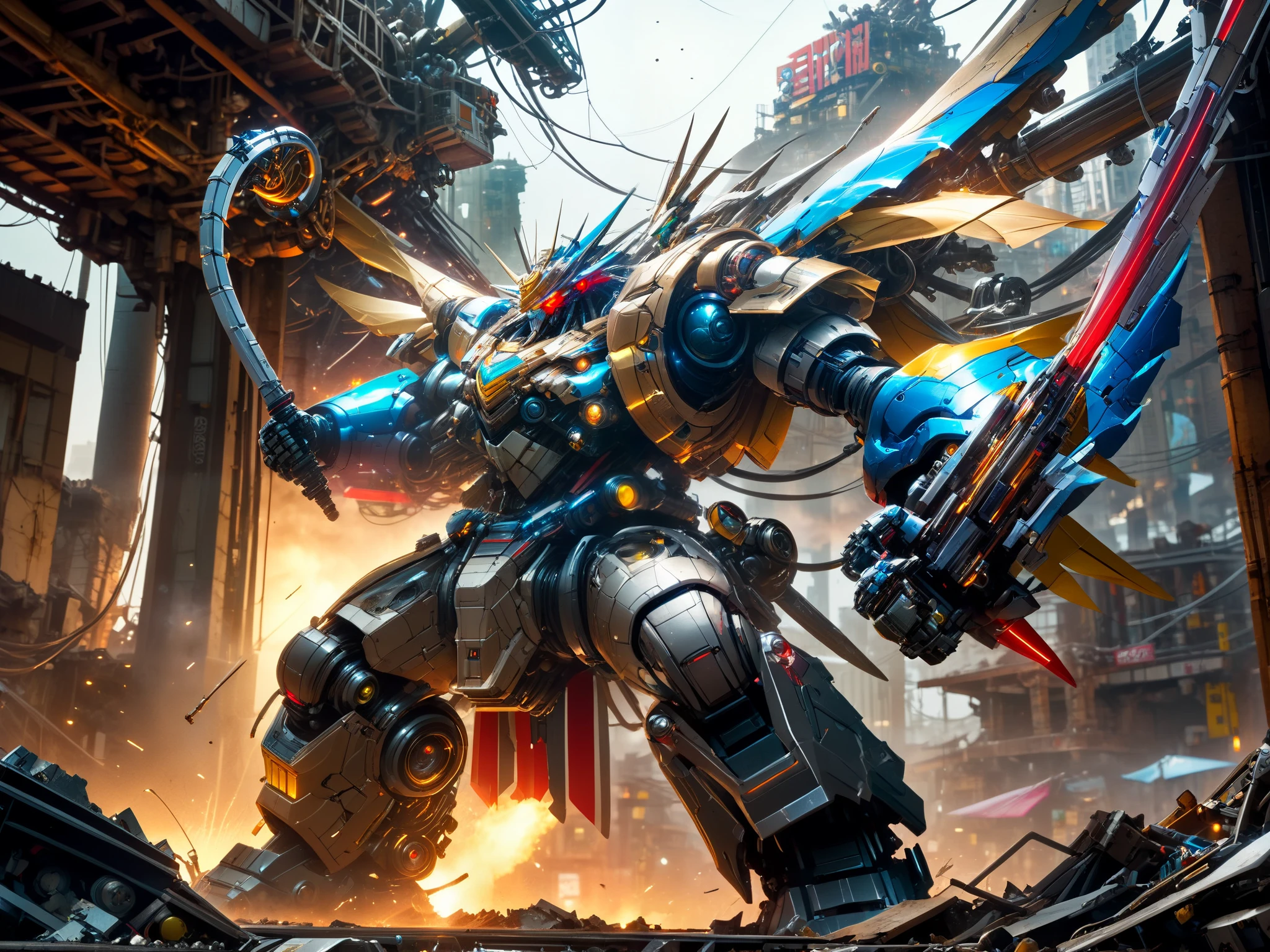 A futuristic robot, bulky, massive, and menacing, with a body colored in red, blue, and yellow, filled with intricate details of wires, hydraulics, and mechanical components. The robot is swinging a huge mechanical sword, with light gleaming from the swing. The scene takes place amidst a ruined cityscape, with broken buildings and debris scattered around. The image is captured with a Canon 5D Mark IV, showcasing extreme detail and realism, with cinematic lighting that enhances the dramatic effect of the scene