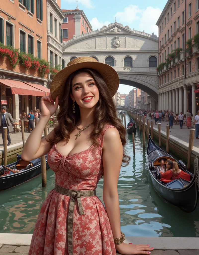 Generate an image of a beautiful woman with long, wavy brunette hair, wearing a pink and white striped outfit with a plunging neckline. She has a pink headband and is posing by a canal in a European city resembling Venice, with traditional buildings and a stone bridge in the background. The scene should include text overlays: 'MIDDLE EAST LOOKBOOK' at the top left corner and 'Gondolier Alleyway' on the right side of the image. The dimensions of the image should be similar to a landscape orientation, approximately 473x815 pixels.