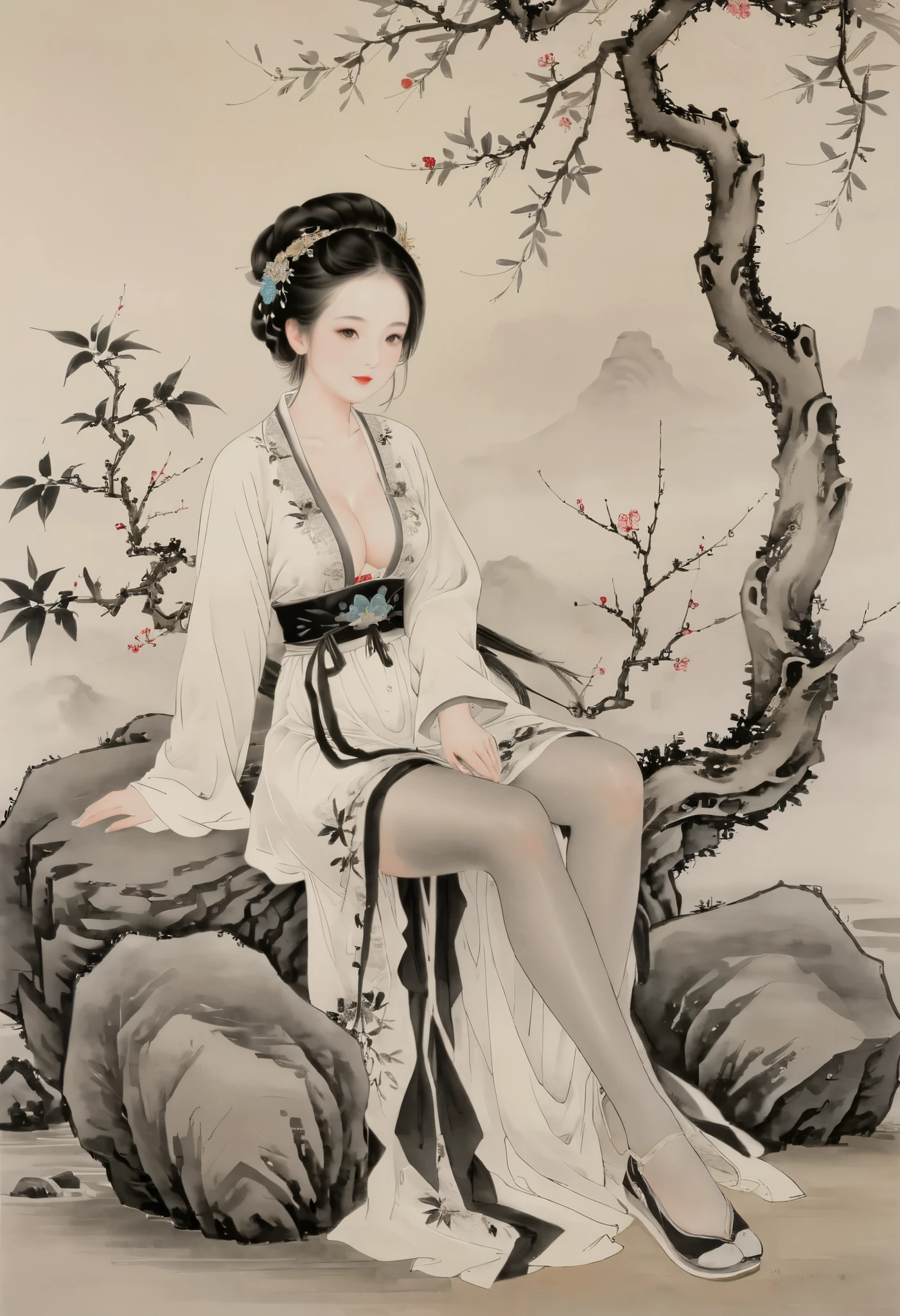 ((high-definition Chinese traditional paint image, hanfu)), eyes realistic sizing, realistic skin, drooping eyes, smiling, (spread legs, pubic hair), ((intense masturbate)), strong sunlight, old fashion, open mouth,
