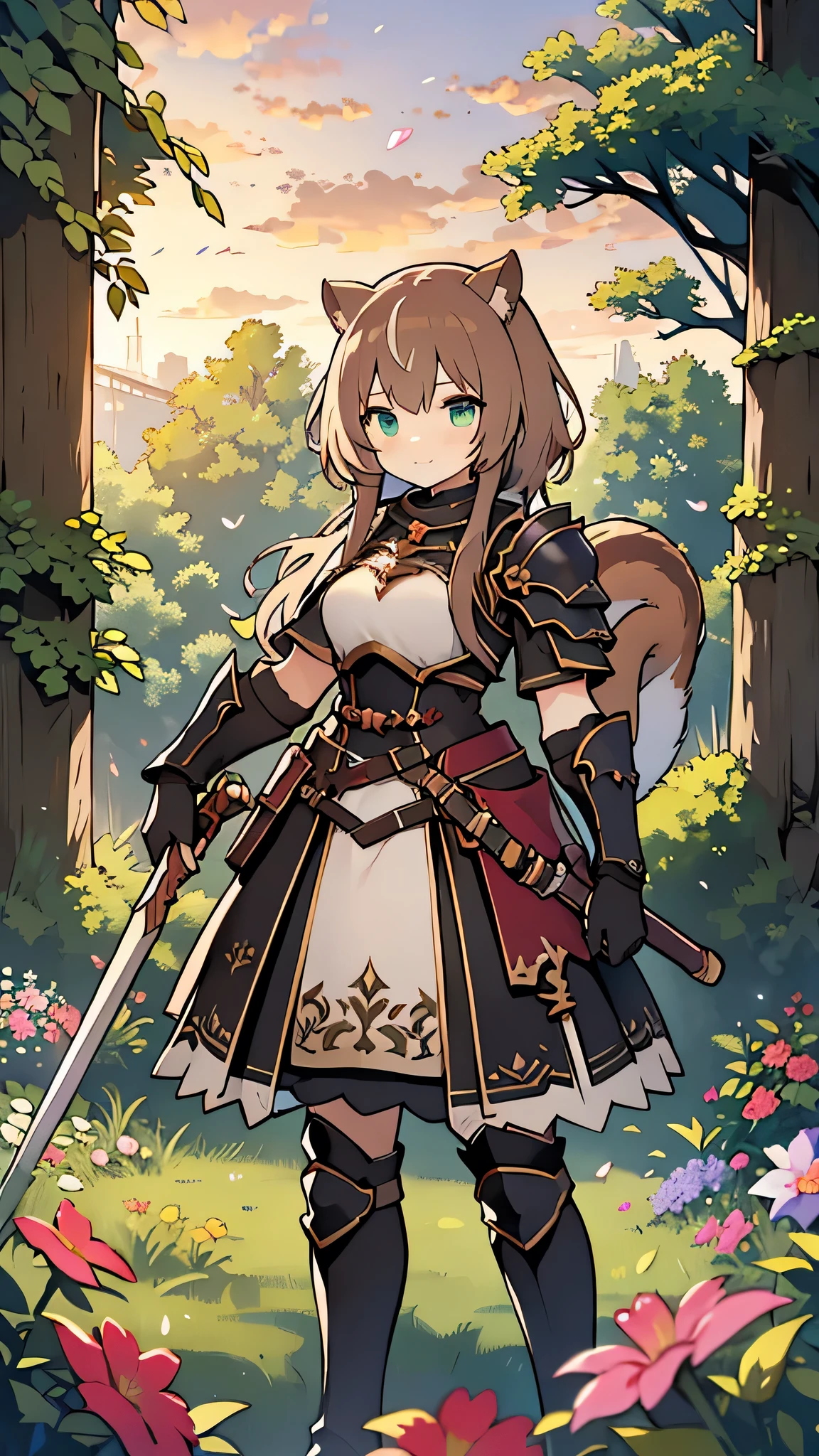 masterpiece, top quality, best quality, official art, Beautiful and beautiful:1.2), 1 girl wearing armor, cat ears In the brilliant colors of the sunset, A charming 17-year-old girl,With long flowing turquoise hair, Decorate with delicate flowers, Standing on a mossy cliff, Overlooking a peaceful forest in a lively MMO RPG ,Ragnarok_Newbie, Squirrel Tail:1>