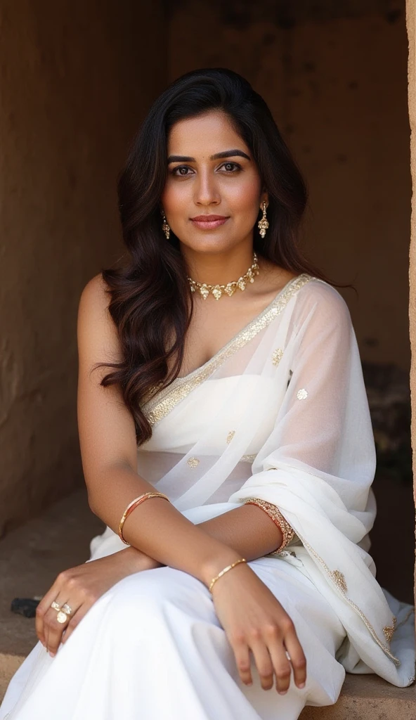 A Indian sexy bhabhi , wearing a white saree without blouse , very long hair,sindur ,bangles ,gold chain , earrings with chain ,sitting on the lap of black muscular Nigerian lap ,on a mud house