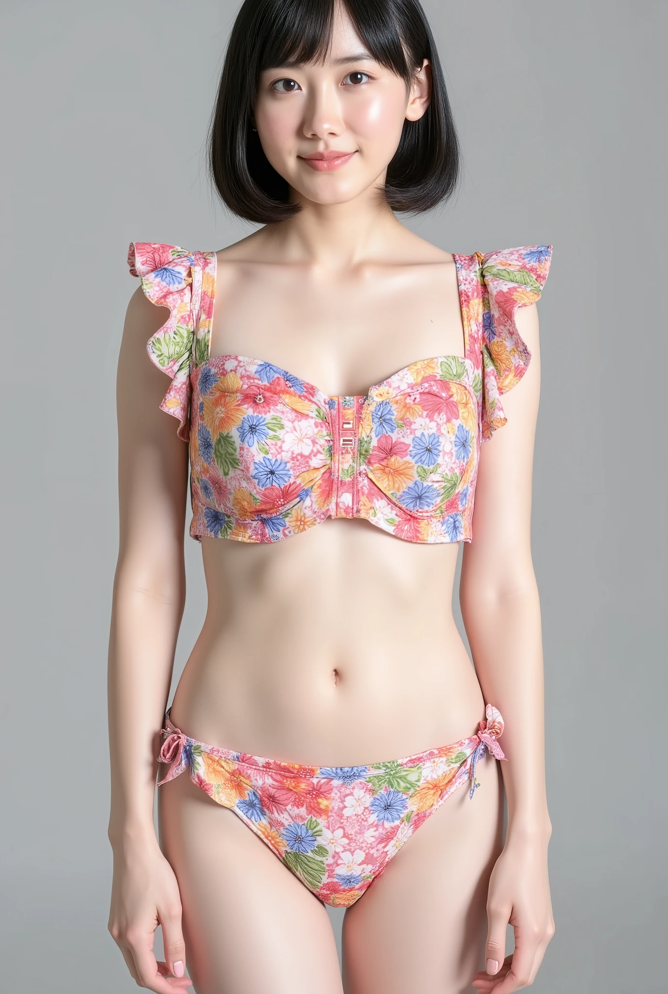1girl in, 30 years old, Square face, straight look, Long wavy orange hair, hair with daisies, outfit with orchids, body facing the screen, lots of jewelry, white skin, big, attractive breasts curvy, big butt, red bra outfit, pink mini skirt, wearing a pair of angel wings on the back, small village background in Japan, standing next to a giant rooster, standing in many sexy poses