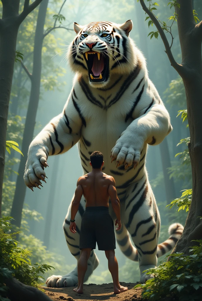 A man is tied to a tree, and in front of him is a large muscular tiger standing looking at the man and taking off his pants.