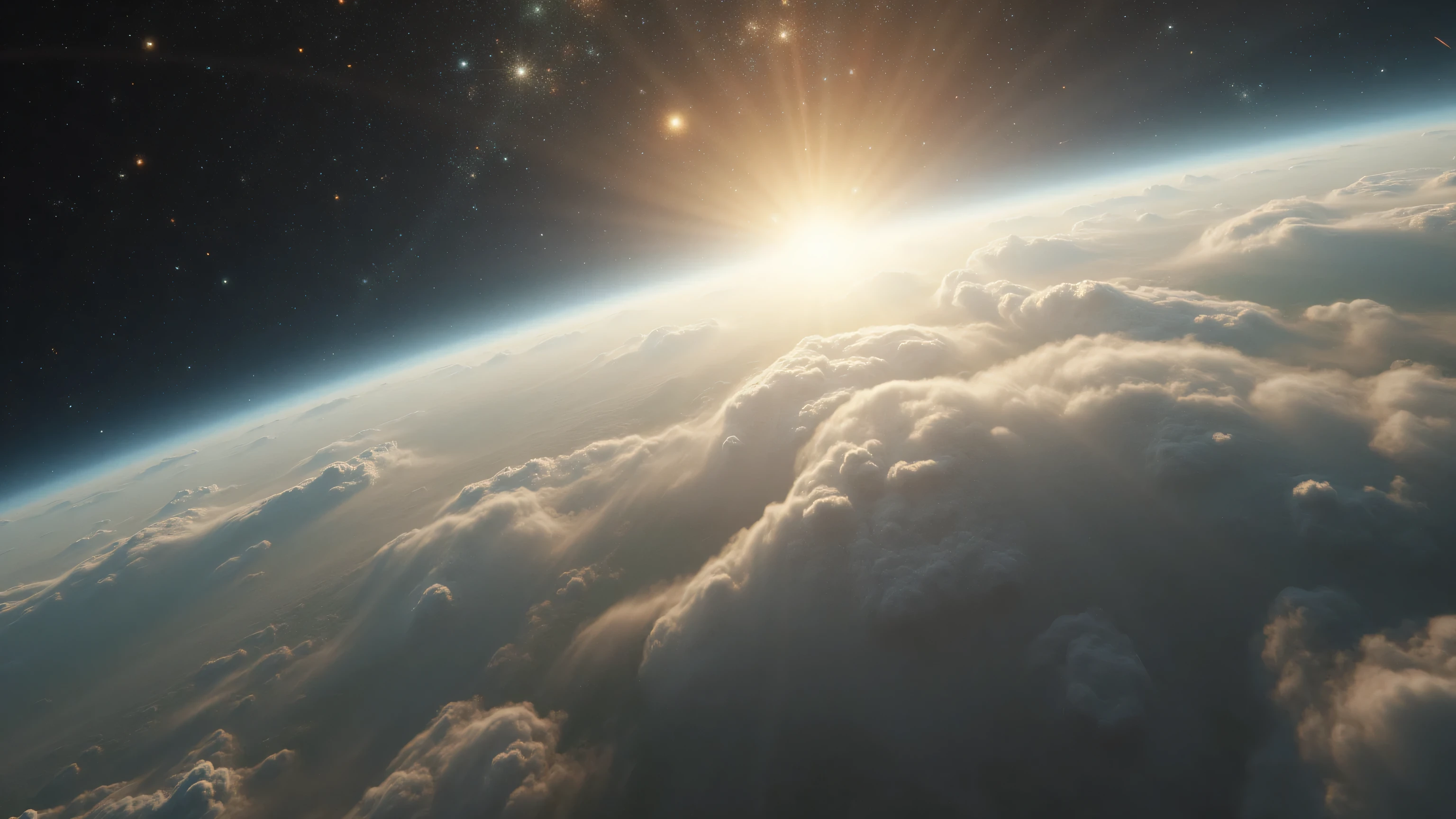 Ultrarealistic, photorealistic scene with global lighting . planet close-up, against the background of constellations and galaxies, shrouded in a thick atmosphere and white clouds. The sun penetrates the clouds with its rays creating a play of light and shadow. The surface is visible through the atmosphere, predominant sandy color, with rare bodies of water and rare areas of greenery. Perspective from the bottom up .
