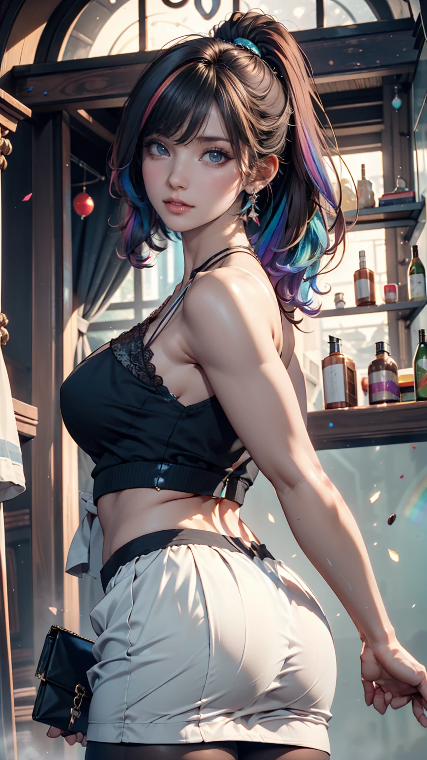 24-year-old female、Sexy proportions、Sexy、Narrow waist、Wear jewellery on your wrist、Attach a necklace、Wear platform sandals、Side Tail((side drill))、Crystal Earrings((crystal earrings))、A seductive smile((seductive smile))、Headpiece((hair ornament))、Rainbow Hair((rainbow hair))、erotic、Cleavage Emphasis、Many lanterns are flying in the night sky、Riding a boat on the lake at night