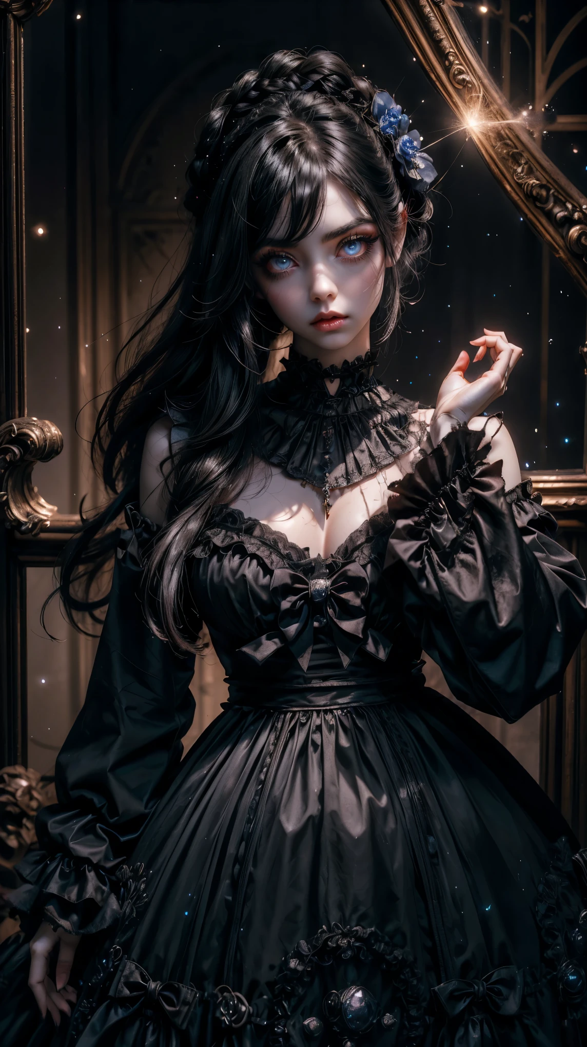 from above, Pointed angle , Forced perspective, VERY CLOSE, portrait of the face, raw, porcelain gothic doll , melancholic expression , with blue-black hair , extra long asymmetric hair , Gothic bob hairstyle , huge crystalline eyes , shiny purple eyes , black eyeliner , Gothic Renaissance dress , extra long asymmetric hair , Renaissance Gothic room , corsette negro, neckline, Fine grain leather texture , shiny porcelain skin , cracked face, (make-up: 1.2), ( big eyes: 1.4), ( big breasts: 1.2), (Constriction: 1.2), black leather trench coat with blue {x} thrown on the floor on a pentagram drawn on the floor, pose sexy, (top quality, masterpiece, absurd: 1.2), cracks in the porcelain skin , abandoned room, Luz outfit, long gothic curtains , gloomy atmosphere, Reflected light, low light image , ( particles of light: 1.5), ultra Detailed , porcelain doll