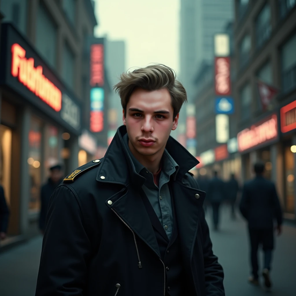 1man,masterpiece,best quality, ultra high res, dusk,cityscape,depth of field, short black messy hair, solo male
