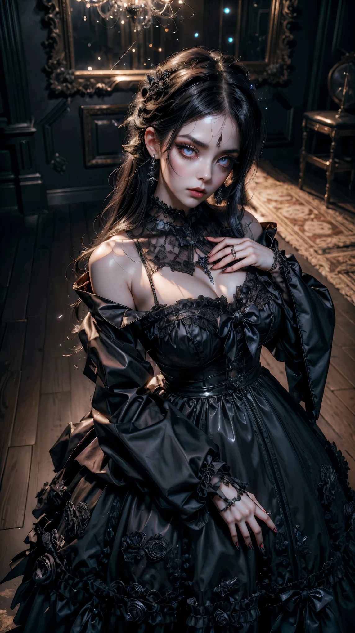 from above, Pointed angle , Forced perspective, VERY CLOSE, portrait of the face, raw, porcelain gothic doll , melancholic expression , with blue-black hair , extra long asymmetric hair , Gothic bob hairstyle , huge crystalline eyes , shiny purple eyes , black eyeliner , Gothic Renaissance dress , extra long asymmetric hair , Renaissance Gothic room , corsette negro, neckline, Fine grain leather texture , shiny porcelain skin , cracked face, (make-up: 1.2), ( big eyes: 1.4), ( big breasts: 1.2), (Constriction: 1.2), black leather trench coat with blue {x} thrown on the floor on a pentagram drawn on the floor, pose sexy, (top quality, masterpiece, absurd: 1.2), cracks in the porcelain skin , abandoned room, Luz outfit, long gothic curtains , gloomy atmosphere, Reflected light, low light image , ( particles of light: 1.5), ultra Detailed , porcelain doll