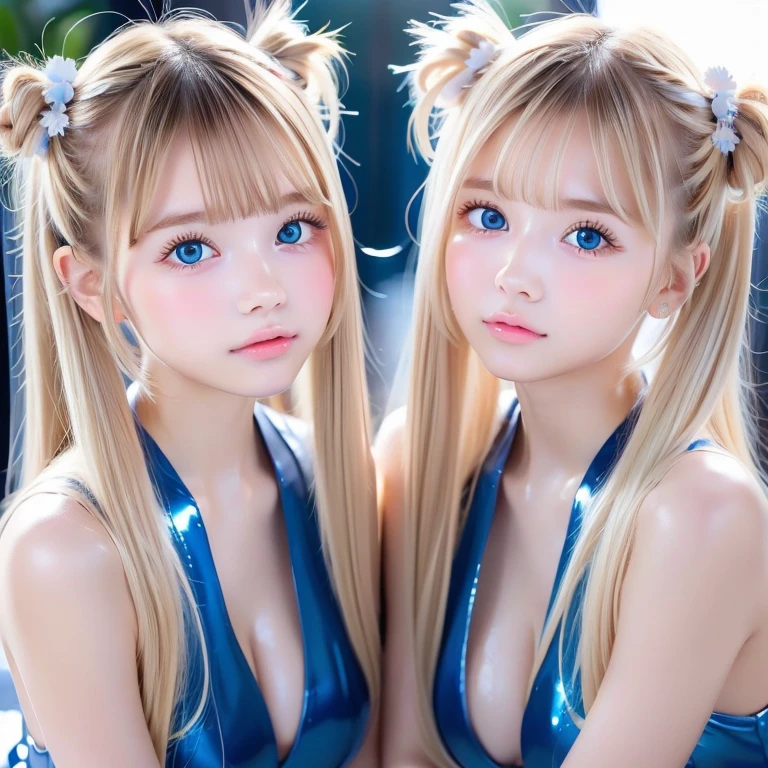 blonde hair with a pony tail、long bangs hanging on a beautiful face,,,,、Very cute beautiful sexy young girl、Very perfect and beautiful cute face、Clear beautiful cute eyes、Beautiful pale blue eyes that shine、de pele branca、dazzling shiny skin、