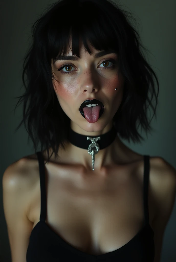 young woman,pale skin,Curly hair and dark color big black eyes , with a thin but elongated nose. with an elongated mouth with several fangs in its mouth. for a tattoo