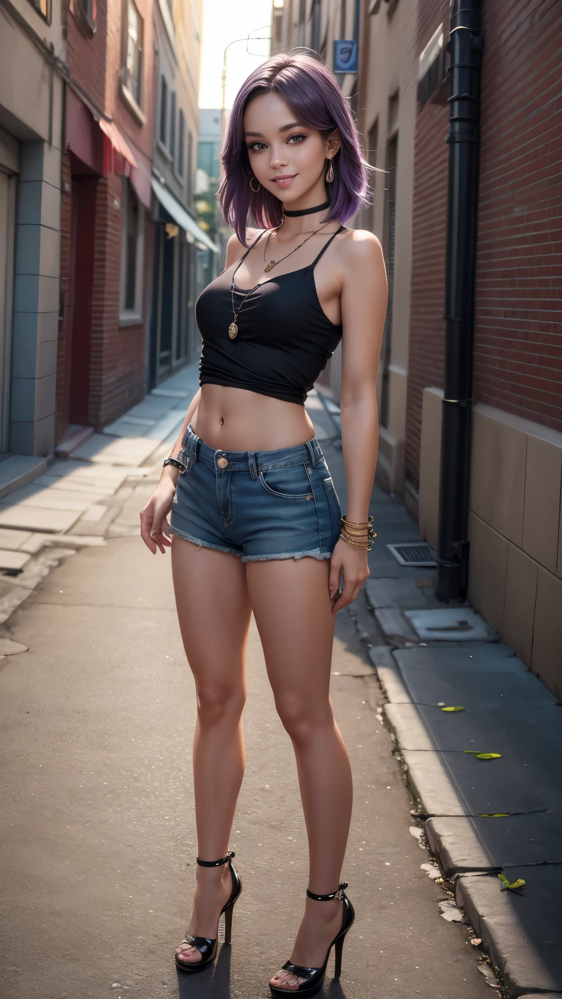 8K, Masterpiece, RAW Photo, Best Quality, Detail:1.2), Photorealistic, Extremely Detailed 8K Unified CG Wallpapers, Depth of Field, Cinematic Light, Lens Flash, Ray Tracing, (Extremely Beautiful Face, Beautiful Lips , beautiful and clear eyes), Face with intricate detail, ((ultra detailed skin)) 1girl, purple hair, deep shadow, Korean beauty, kpop idol, (slim and body slender and perfect), (big smile), earrings, bracelet, necklace, shackles, light eyes, super short jean shorts, black top, high heels, full body shots, background in an alley.