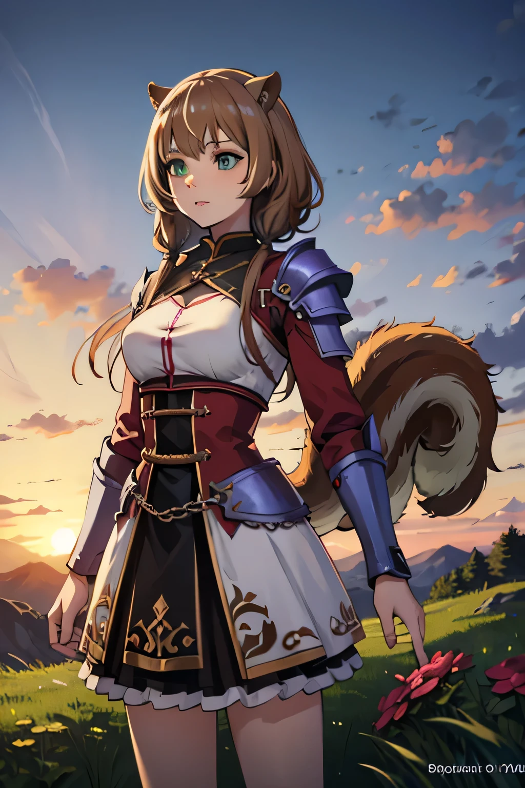 Anime girl with a cat tail and a dress in a field - SeaArt AI