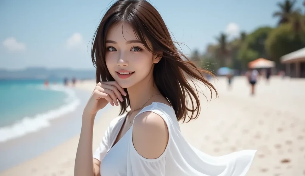 Wear a fashionable bikini, Random hairstyle, girl, Clear eyes、smile、Perfect proportions, highest quality, masterpiece, Realistic, Photorealistic Super Detail, One girl, cute, Best Smile, Beautiful Eyes, Long Hair, Perfect Face,Full Body Shot