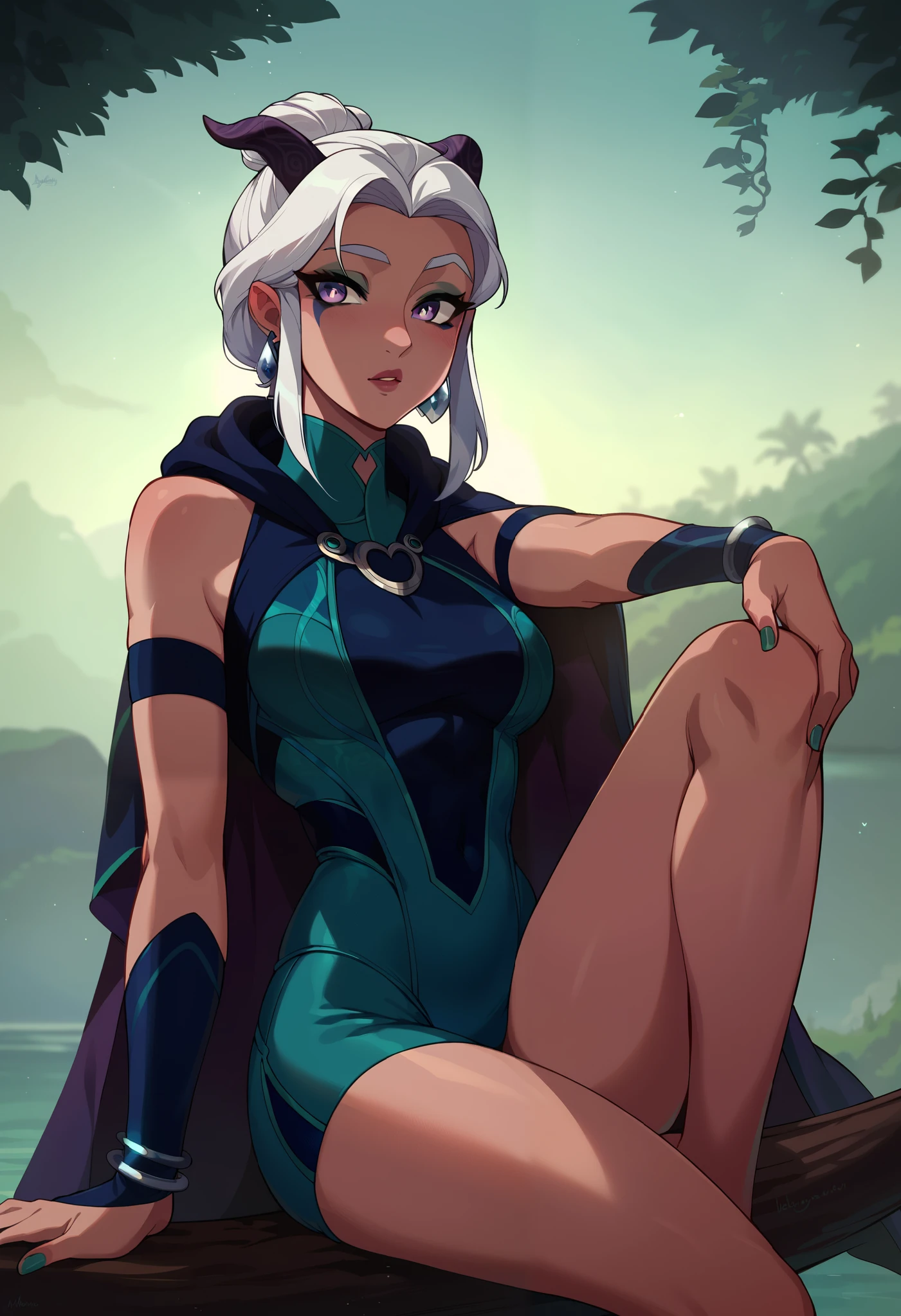 meru, 1girl, rayla, fellatrix style, sexy girl, solo, white hair, wavy long hairbun, hair bangs, makeup, big beautiful lavender eyes, devil horns, purple cape with hoodie, green details, black top, bare shoulders, black swim suit, bare hips, silver earrings, bracelets, smooth pale skin, large breasts, slim, sexy, rayla, thick fog, one lantern, dark lake, sitting on hammock, pillow, rays of stars, green sky, green Queen