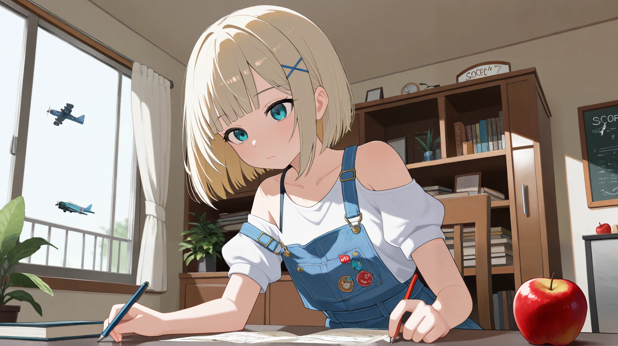 masterpiece, best quality, is ridiculous, very aesthetic with apron, general ,
1 girl in the best, Alone, hair ornament, look at the viewers, In the room, short hair, hair clip, blue eyes, window, , shoulder out, bangs, plant, Closed Mouth, Studying, clavicle, off shoulder , white t-shirts,, detach sleeve, fluffy short sleeve , blonde hair, suspenders, Plane, blunt bangs, upper body, sunlight, の suspendersスカートの靴, puff sleeve, Aqua Eyes, sleeveless dress , eyebrows seen from between hairs, BLUE SKIRT , apple, cowboy shooting, overalls, bob cut, light brown hair, table, high waist skirt, expressionless , platinum blonde hair, eyelashes, cupboard , hairpin,, sleeveless shirt, hairs directly on the floor and eyebrows behind , super high leg cut micro denim shorts with , pinaphore dress, white blouse, x hair ornament, Side Lock,