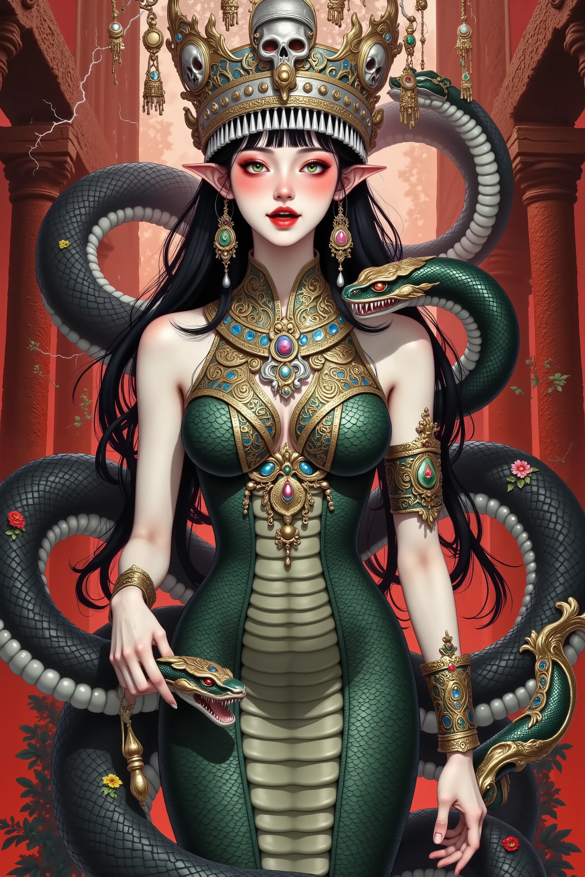 Scary Cleopatra,skull crown, snakeskin dress ,black python wrap, red eyes。 wield a long sword。Suspended buildings,lightning