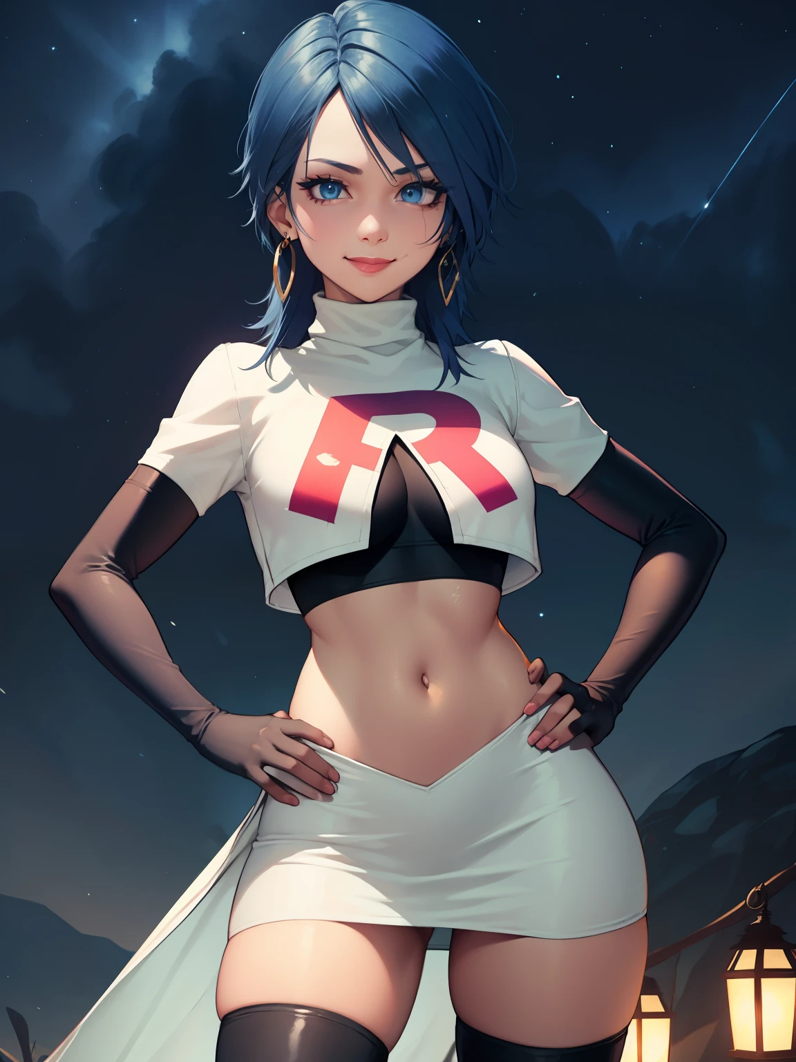khaqua ,earrings ,lipstick, eye shadow ,team rocket uniform, red letter R, white skirt,white crop top,black thigh-high boots, black elbow gloves, evil smile,hands on hips, night sky background