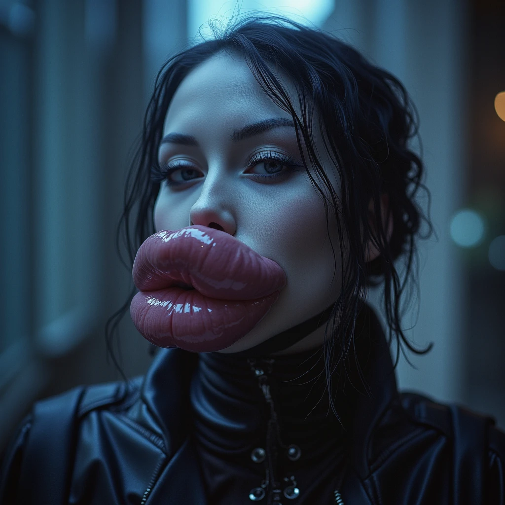 a close up of a woman with a big dick on her face, thick Red lips, thick lips, sexy Red lips, big Red lips, deep Red lips, small and thick Red lips, luscious Red lips, sexy lips, Red lips, huge lips, big lips, hand on his chin, delicious lips, inspired by Hedi Xandt