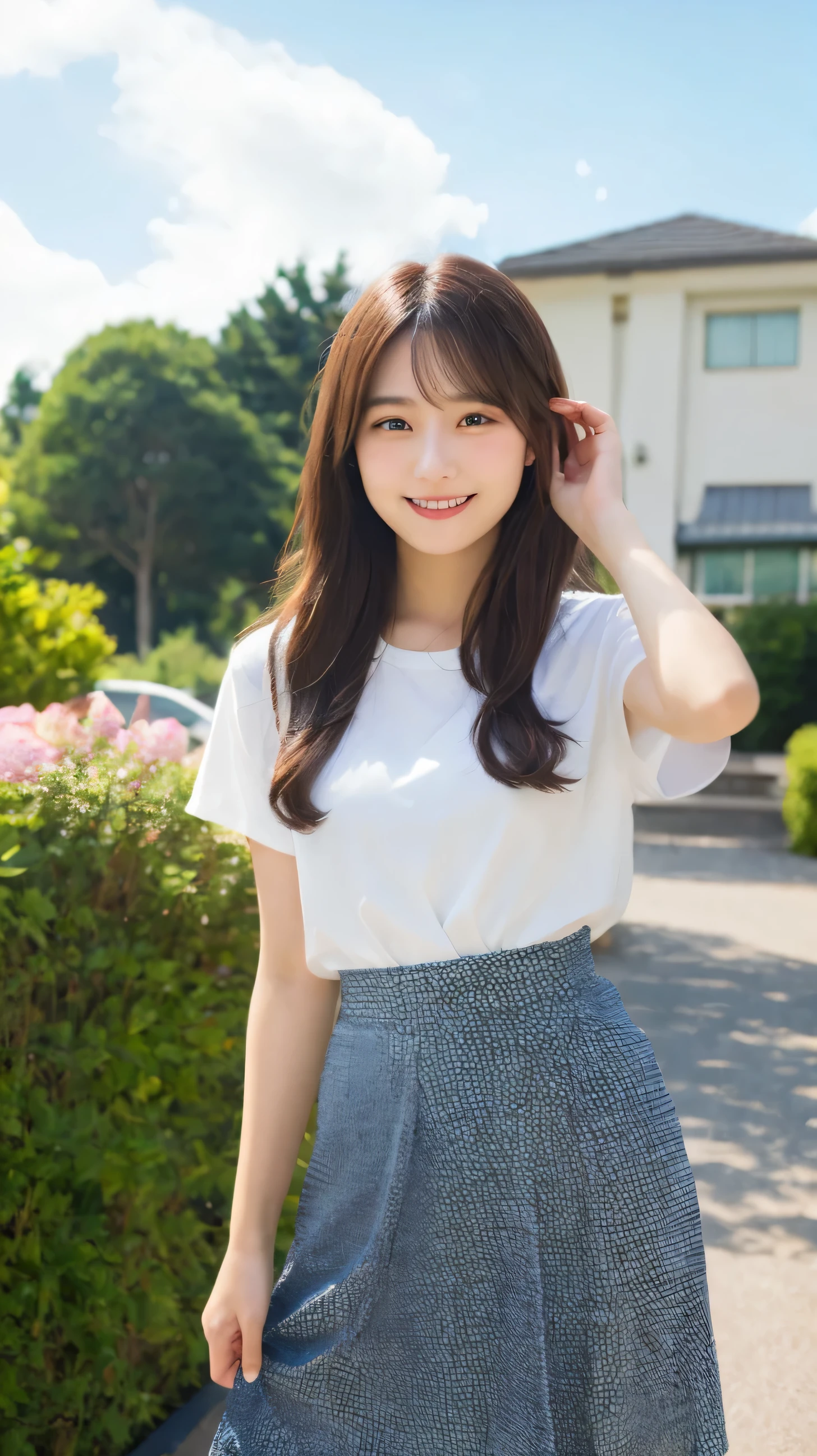 Arafed asian woman in a white shirt and a blue skirt - SeaArt AI
