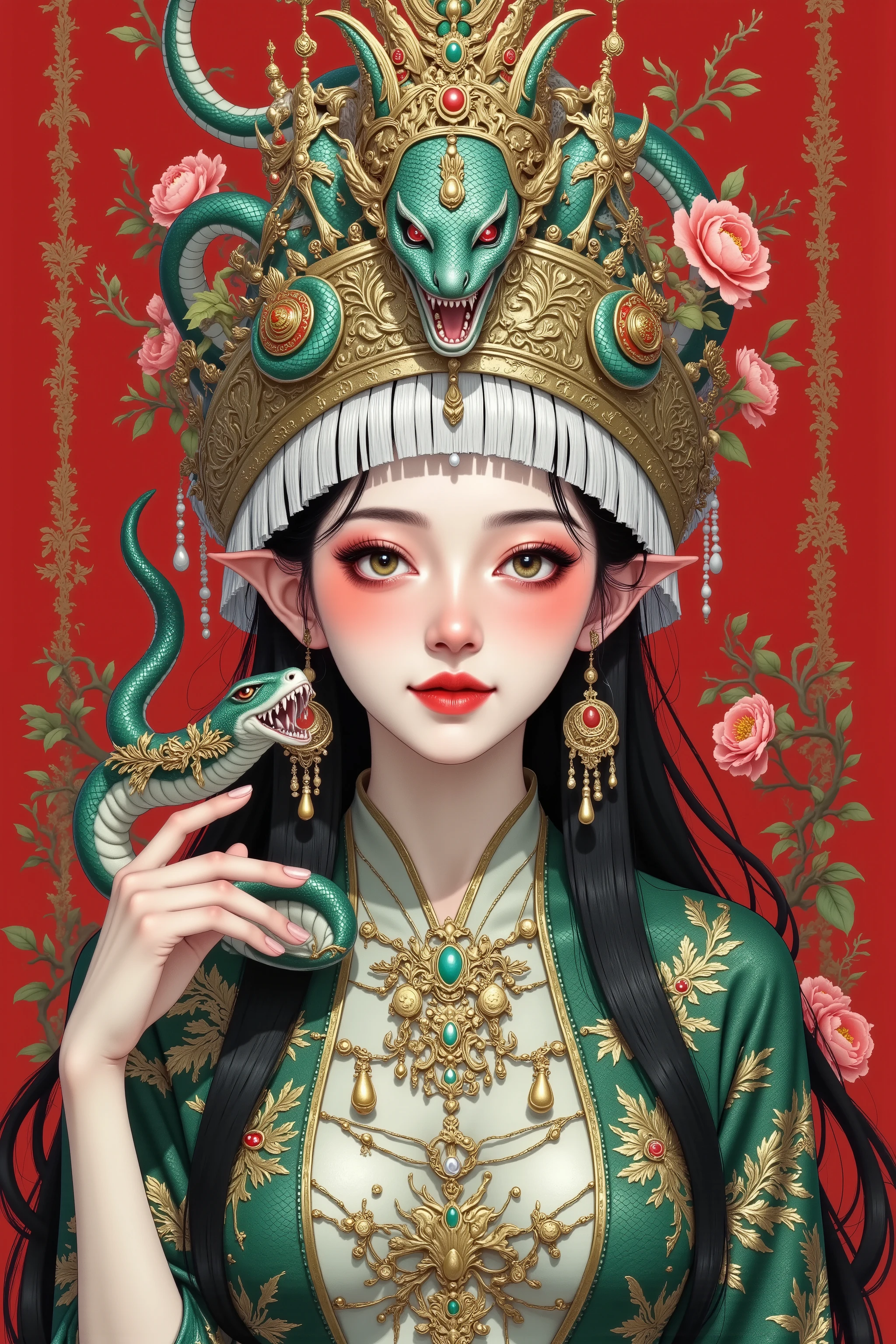 One wearing a green dress、 Closeup of a woman with a snake on her head, A Beautiful Fantasy Queen , goddess. Extremely detailed, Snake Queen , dark Snake Queen , (( A Beautiful Fantasy Queen )), Beautiful and elegant demon queen , Ocean Queen Mu Yanling , portrait of an octopus goddess, octopus goddess, DeviantArt Artstation cgsCosiety
