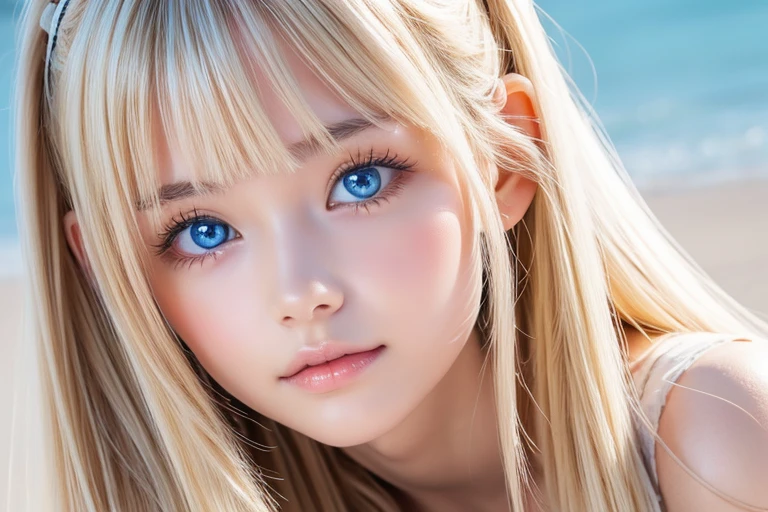 masterpiece, Highest quality, 8k, 15-year-old girl、Very adorable face、Very adorable face、Bright expression、True Photo Quality、Extraordinary sexy beauty、white, Shiny smooth white skin、ponytail、beautiful bangs、((Smooth, Shiny, Super long, Natural Blonde)),Super long, straight, Silky Hair、Looking into the camera、非常に完璧なかわいいbeautifulセクシーな若い小さな女性、Very perfect beautiful and cute face、beautiful, clear, Big eyes、Bright Blue Eyes、Big and ample breasts、、Japanese Sailor Suit、Pretty face、Small Face Beauty、Gloss Face、Cheek gloss、Sparkling marine blue eyes