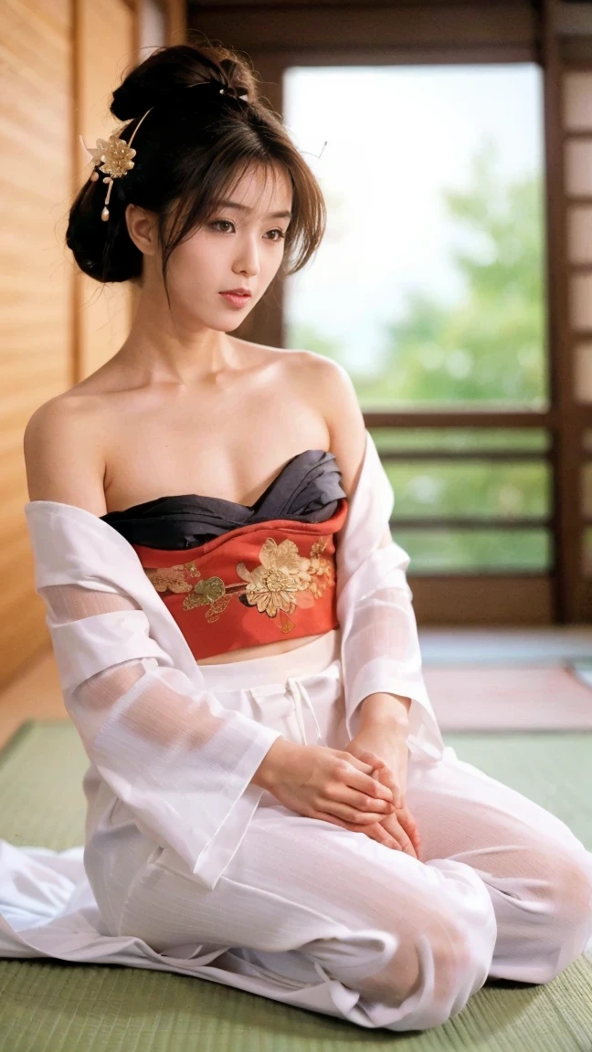 (high resolution、high quality、High resolution、detailed、8k、masterpiece)、超A high resolution、(Photorealistic:1.3)、RAW Photos、((Ultra-Realistic Details))、Portrait、Global Illumination、Shadow、Octane Rendering、8k、Super sharp、Beautiful breasts、Beautiful Eyes、非常に複雑なdetailed、Realistic Light、CGSoation Trend、ネオンのdetailed、The light is gentle、1 girl、Bewitching Charm、Super long hair that reaches below the waist、Hime cut、Enchanting Japanese red kimono、A face that exudes intelligence、(A dimly lit room in a samurai residence、In the back is a Japanese garden)、((Amazingly cute))、The glimpse of her chest from the chest of her kimono is very erotic.、Her long, slender white thighs are also sexy.、Healthy Body、28age、wide shot、full body、It feels like you're really there、Dignified、Immediately after sex、sexy、smile、Glowing Skin、A pose that really gets men excited、Transcendently beautiful face、The light of the lantern、barefoot、Red Underpants
