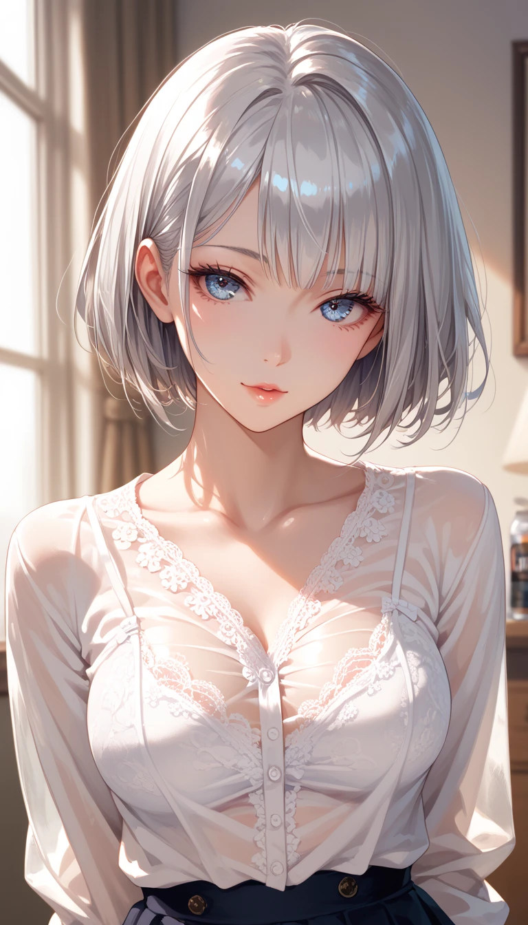 (masutepiece: 1.2, Best Quality), 1 Lady, Solo, School uniform, crass room, silber hair, , Open the collarbone,Shoulder out, (opened breast: 1.1)、a choker,Silver Accessories,an lingerie,Very short hair, long bangs between eyes, blue eyess,Black eyes, Hoodie,White hair, Silver hair,, Hoodie, White hoodie