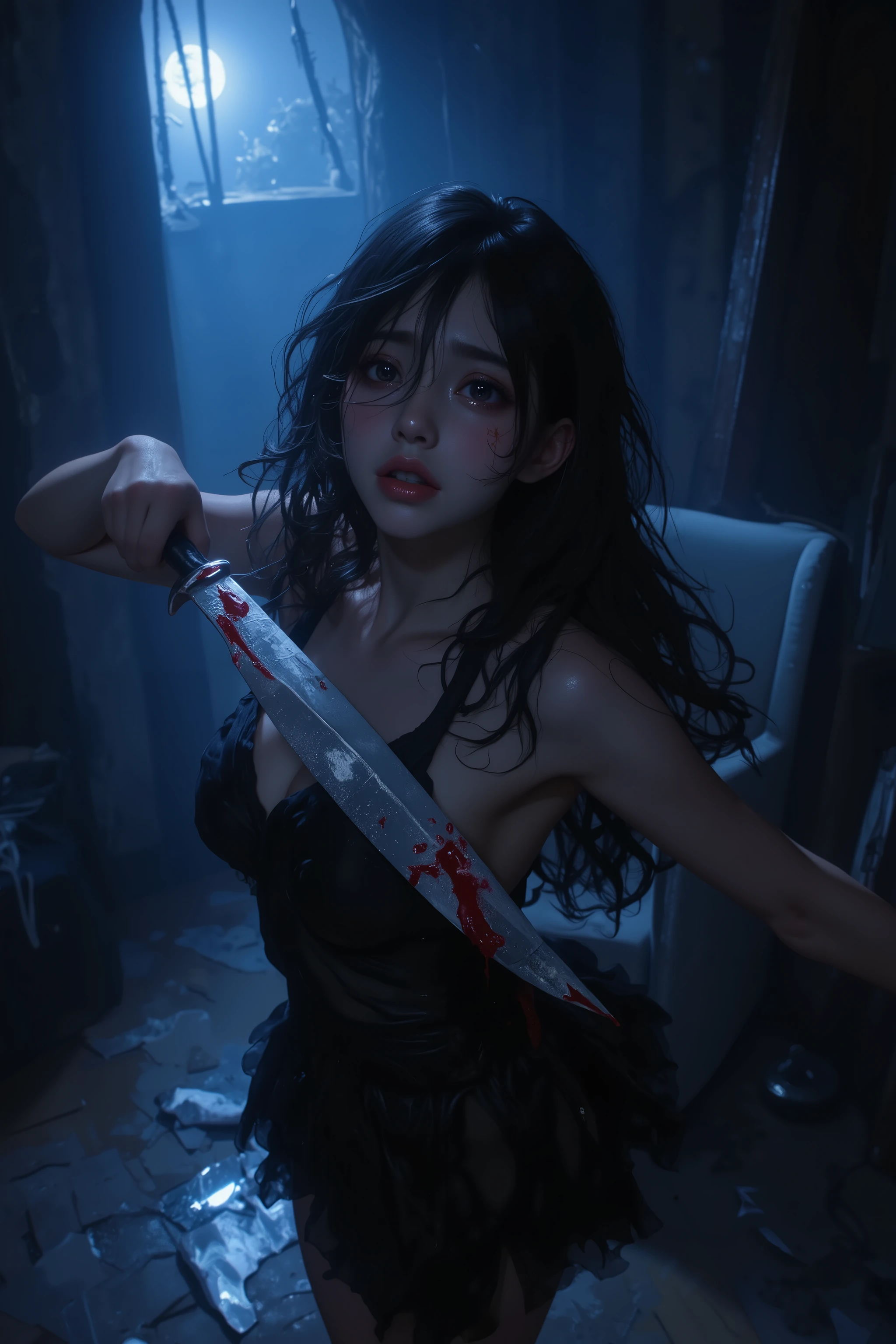 photo-realistic, ultra-detailed, cinematic quality, dynamic and dramatic lighting, 1girl, standing in a tense and defensive pose, gripping a blood-stained silver knife tightly, her long disheveled hair cascading around her shoulders, tears streaming down her pale cheeks, a strained and trembling forced smile, her hands shaking uncontrollably, intense fear and heartbreak in her wide, glassy eyes, dark and shadowy room illuminated by a sharp, cold blue moonlight streaming through a cracked window, shards of a broken mirror scattering the floor reflecting faint silver glimmers, pieces of broken furniture and scattered items hinting at a recent struggle, dramatic contrast between the cold blue tones and sharp silvery highlights, a palpable atmosphere of betrayal, despair, and emotional intensity