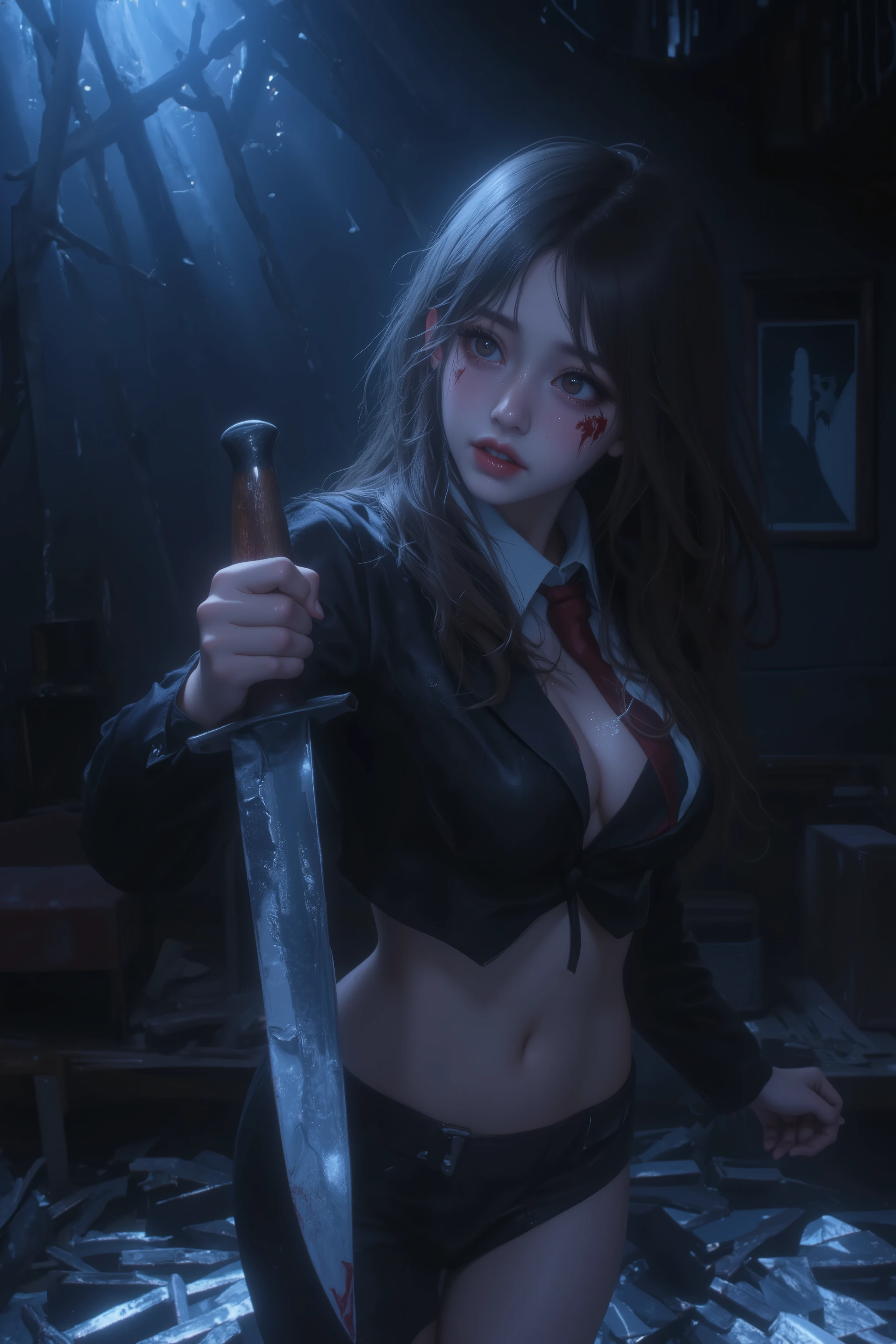 photo-realistic, ultra-detailed, cinematic quality, dynamic and dramatic lighting, 1girl, standing in a tense and defensive pose, gripping a blood-stained silver knife tightly, her long disheveled hair cascading around her shoulders, tears streaming down her pale cheeks, a strained and trembling forced smile, her hands shaking uncontrollably, intense fear and heartbreak in her wide, glassy eyes, dark and shadowy room illuminated by a sharp, cold blue moonlight streaming through a cracked window, shards of a broken mirror scattering the floor reflecting faint silver glimmers, pieces of broken furniture and scattered items hinting at a recent struggle, dramatic contrast between the cold blue tones and sharp silvery highlights, a palpable atmosphere of betrayal, despair, and emotional intensity