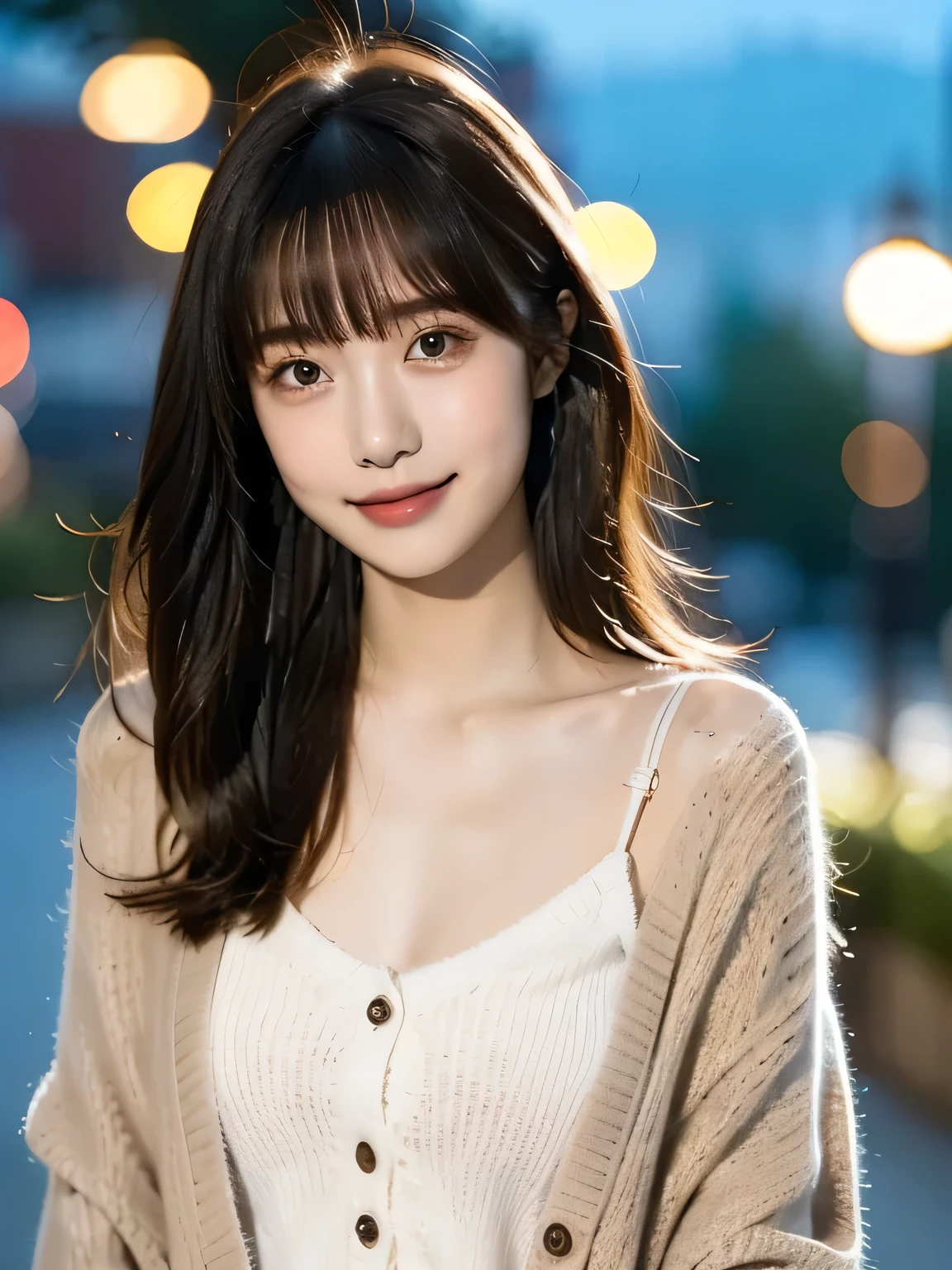1 girl in the best, high resolution, look, wearing a dress and a cardigan, illumination,night view long hair, bangs between eyes, small breasts, smiles, shooting test model ,