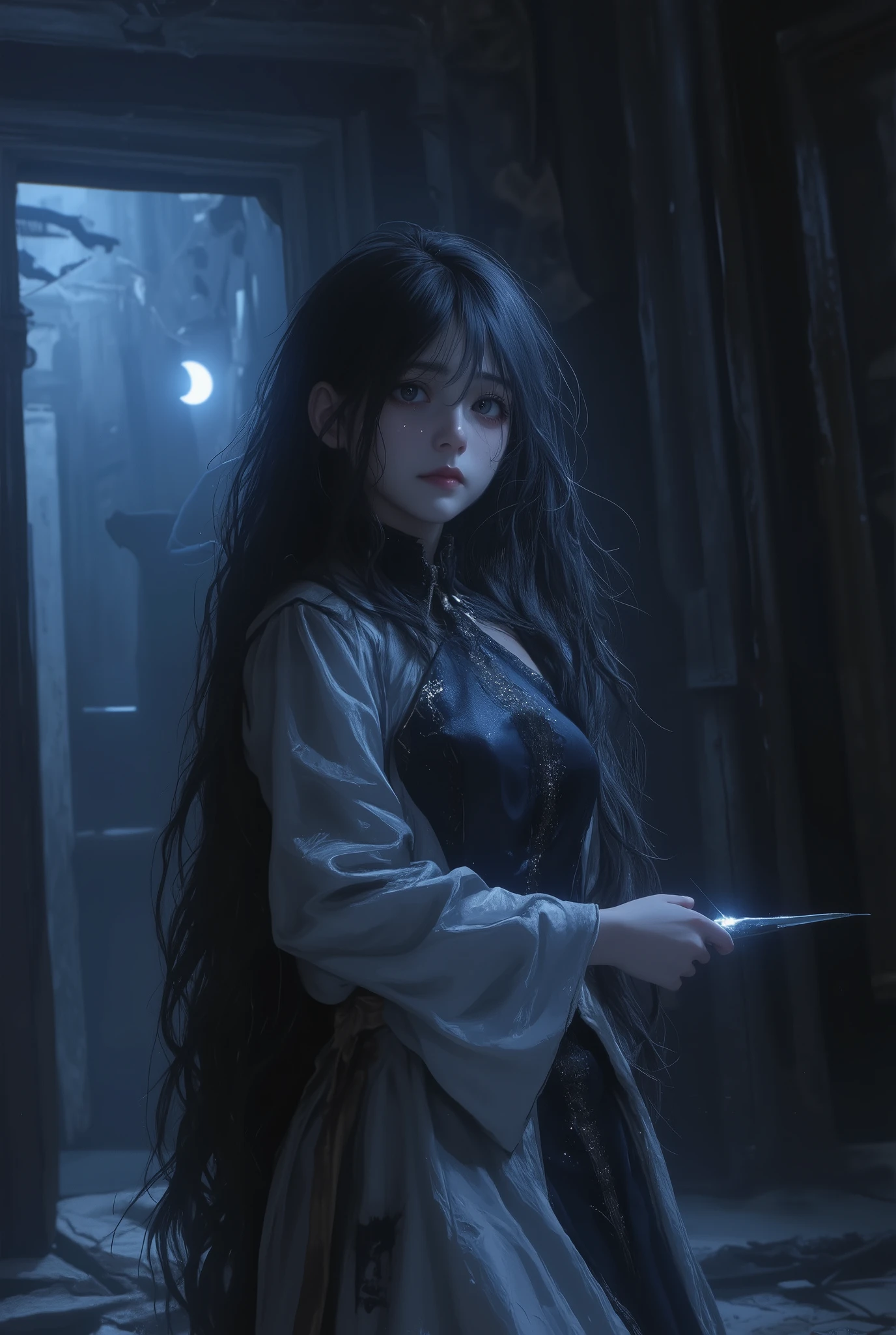 photo realistic, best quality, highly detailed, dramatic lighting, 1girl, standing, tense pose, gripping a silver knife tightly, long disheveled hair, tears running down cheeks, forced smile, trembling hands, dark room, broken mirror shards on the floor, cold blue and silver tones, faint glow from moonlight through window, emotional intensity, atmosphere of betrayal and heartbreak
