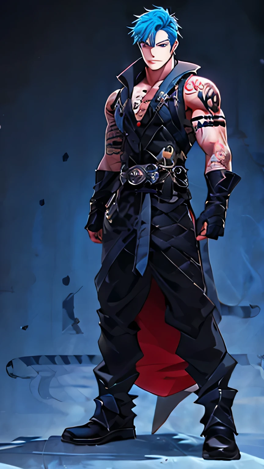 anime characters、 Shrimp、 beautiful、 red eyes、blue hair mesh、 tattoo、male、 full body depiction、 facing the front、villain, from head to foot、 standing、One person。