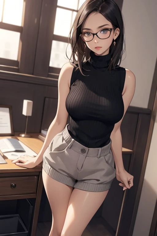 4k-ultra sharp、1 Woman Standing, /(Sleeveless knit shirt/) /(hot pants/), Mature Woman, /(Black Hair/) bangs, A gentle blushing smile, (Masterpiece Top quality:1.2) Delicate illustrations, super detailed, Big Break /(Modern house living room/)