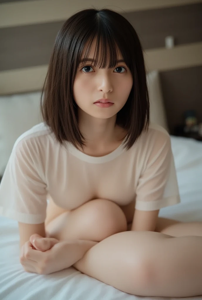 High resolution、超High resolution、photograph、Japanese女性、look far away、cute、double、25 years old、random hair styles、Angle of view from the side、highly detailed skin、Rough skin、detailed chest、Japanese、slouch、Put your hands on the floor、Medium chest、valley、I can see a little of my bra、Random colored bras、Through gaps in clothes、T-shirt、白いT-shirt、おしゃれなT-shirt、bed、Bedroom