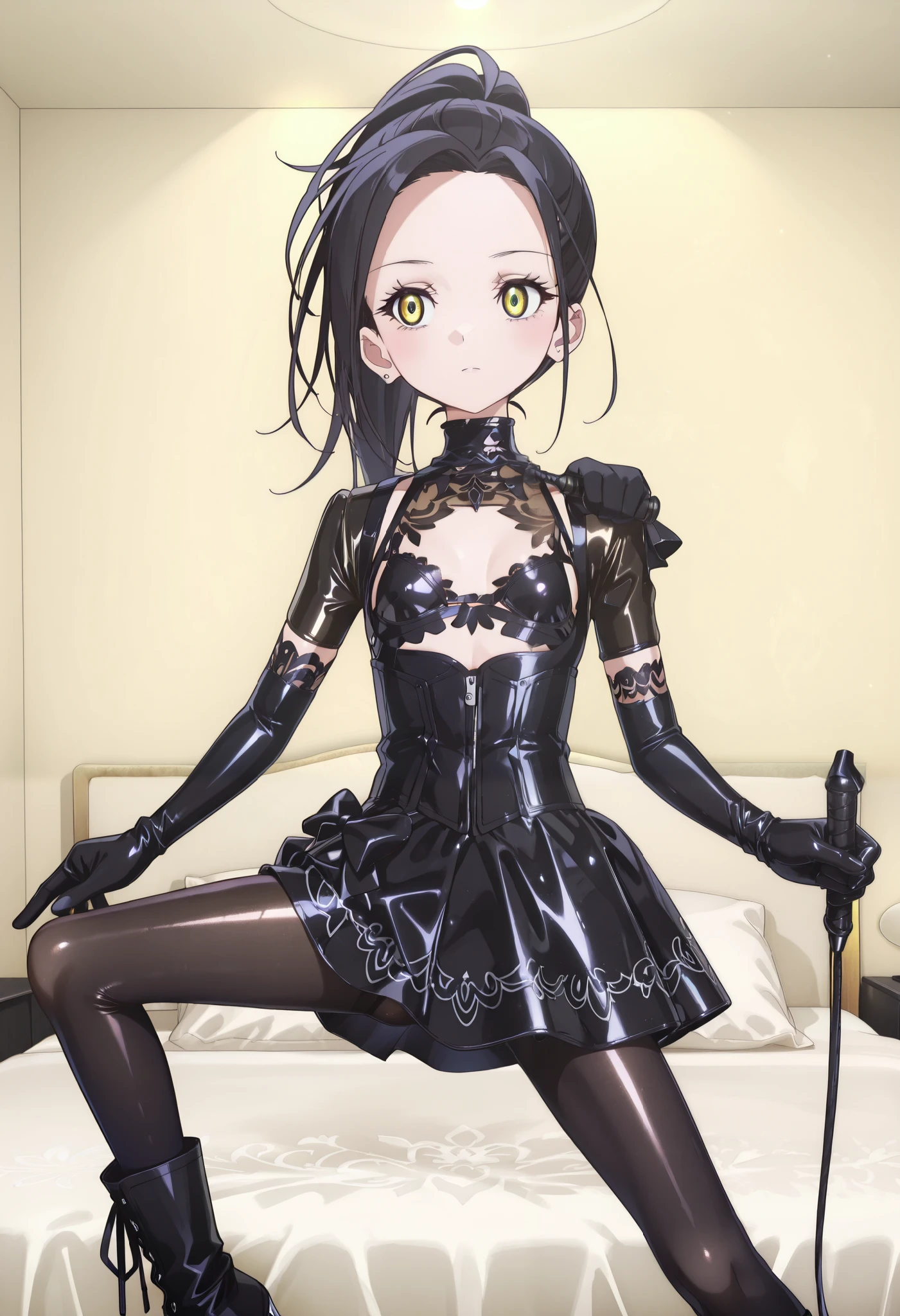 nsfw、child、((( short)))、(((Child body type)))、((( slim figure)))、(((Small Bust)))、((( girl)))、(((4 head body style)))、((Open legs:1.4)))、((( wide thigh opening with one legでしゃがむ)))、((( open legs in a M shape and crouch )))、BDSM、Queen、mistress、(((One girl)))、(((solo:1.8)))、(((Black latex elbow gloves:1.4)))、((( black latex corset dress :1.4)))、((( corset dress is adorned with beautiful lace)))、((( Corset Dress with Shoulder Straps )))、((( Black Latex Tight Miniskirt :1.4)))、((( Black Thigh-High Boots :1.4)))、(((Black rubber tights:1.2)))、((( stiletto heel boots that kick a man:1.4)))、((( black latex tight mini skirt )))、(((Black latex bra)))、(((Black leather collar)))、((( Sexy Poses:1.4 )))、 wide thigh opening with one leg:1.2、((( erotic)))、((( cowboy shot)))、 Closeup、ハイライトの入った beautiful瞳、きめ細かい beautiful肌、Two perfect anatomical arms、 Anatomically Perfect 2 Legs 、(Four perfect fingers and one thumb)、masterpiece,  best quality, up to date,   is ridiculous,  high resolution,  detailed eyes ,  beautiful,   detailed background ,  perfect eye,  anime coloring on nipples, 1 girl in the best, Alone,  Kamisaki Hikaru ,  long hair,  Hanging bangs、 black hair,  ponytail,  Plane,  black jacket, High collar,  black pants、 Watch viewers, ( straight on ,  close:1.2)、((( indoor、 LUXURY HOTEL、Dimly lit room、 bed、黒いラバーシートに覆われた bed)))、((( staring at the viewer)))、((( holding a whip in her right hand :1.4)))、 golden eyes、 expressionless 、Cold Stare、blush:1.2
