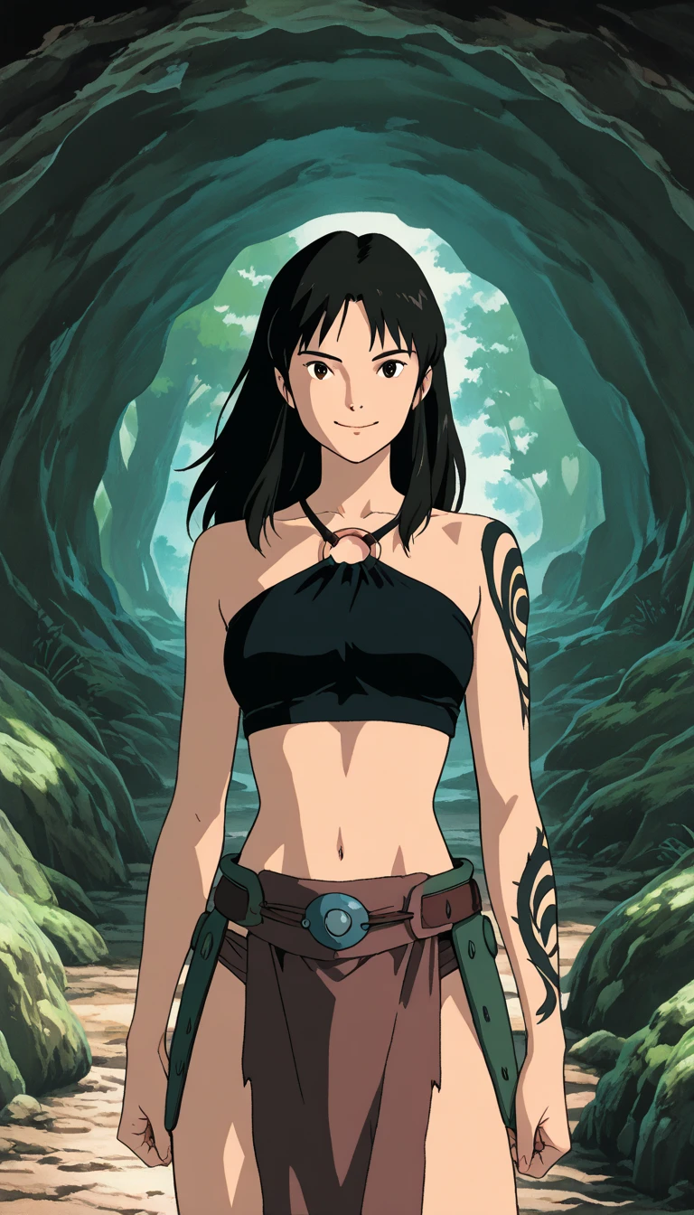 by ukiatsuya, 1girl, solo, jewelry, earrings, pointy ears, weapon, black hair, sword, sitting, gloves, breasts, navel, long hair, elf, tree, bandaid on knee, outdoors, shorts, cleavage, bandaid on leg, armor, bandaid, choker, day, bangs, sky, blunt bangs, black eyes, swimsuit, blue sky, bikini armor, bikini, medium breasts, armlet, closed mouth, black shorts, short shorts, looking to the side, boots, shade