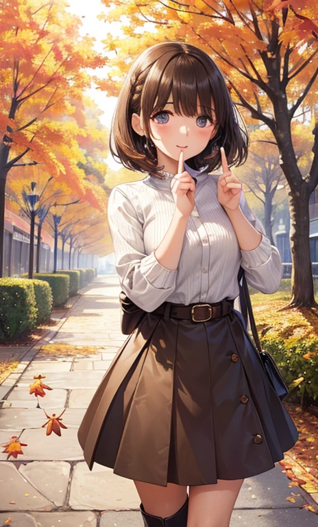 anegasaki nene, shiny chestnut hair, (brown pretty eyes, sparkling eyes, fine eyes), smiling face, super detailed eyes, highly detailed face, highly detailed eyes, (masterpiece:1.2, best quality), 1 Girl, cowboy shot,
top quality、 High Definition 、( high definition:1.2)、masterpiece、 detailed background 、( beautiful face、Down to the last detail:1.4)、( very elaborate face)、 anatomically accurate 、(Number of normal fingers :1.4)、( detailed eyes :1.4)、 age beauty 、 perfect body line 、 Brightly colored hair color 、 ponytail、 Braided Bob Cut 、 cute gestures 、 I feel like I'm in a golden tunnel 、 A romantic scene、 A romantic sight 、 As I walk along the ginkgo tree-lined street 、 I feel like I'm in a golden tunnel .、Sparkling in the sunlight、 Feeling the deepening of autumn 、
( A fantastic world woven by autumn leaves and girls :1.5)、
lady-like knitted dress style 、 choosing a midi length knit dress 、
The silhouette is emphasized by wrapping a long wool cardigan or belt around the waist、 a beautiful girl wearing long boots and loafers underfoot .、 so beautiful