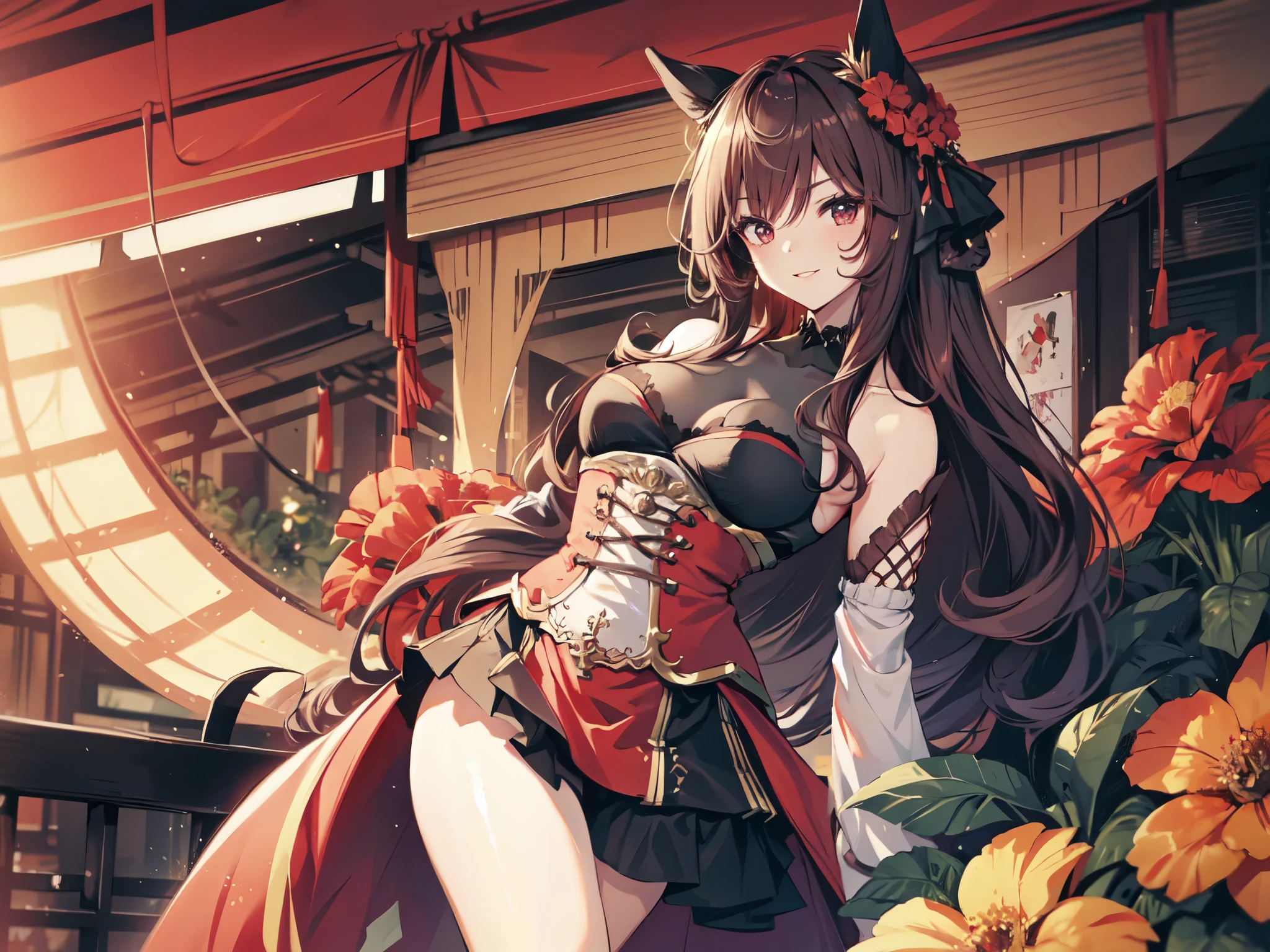 1 women、Solo Female、A woman who is alone。
Chest center 、 chest close-up 。
Holding an arm with one hand。
Knees slouched forward to lift breasts 。
sexy and glamorous woman with horse ears holding one arm 。
sweaty、 ecstatic expression with salivation。
wearing a semi-long skirt in cyberpunk ninja clothes。
is in a Japanese house with red sky and fall foliage with lots of flowers blooming。
( high resolution, masterpiece, accurate, anatomically correct, won numerous awards, best quality, very detailed, ultra high definition)