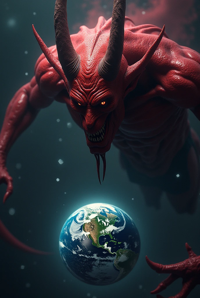 detailed face of large demon with wings of fire, planet earth hugging planet earth close up, biblical story, 4k
