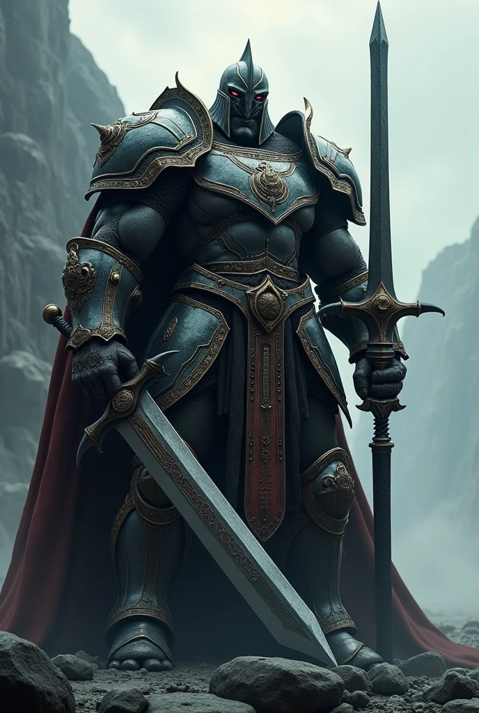 Create an image of a knight with a helmet, armor and big sword, a muscular body like bodybuilding, fantasy, anime