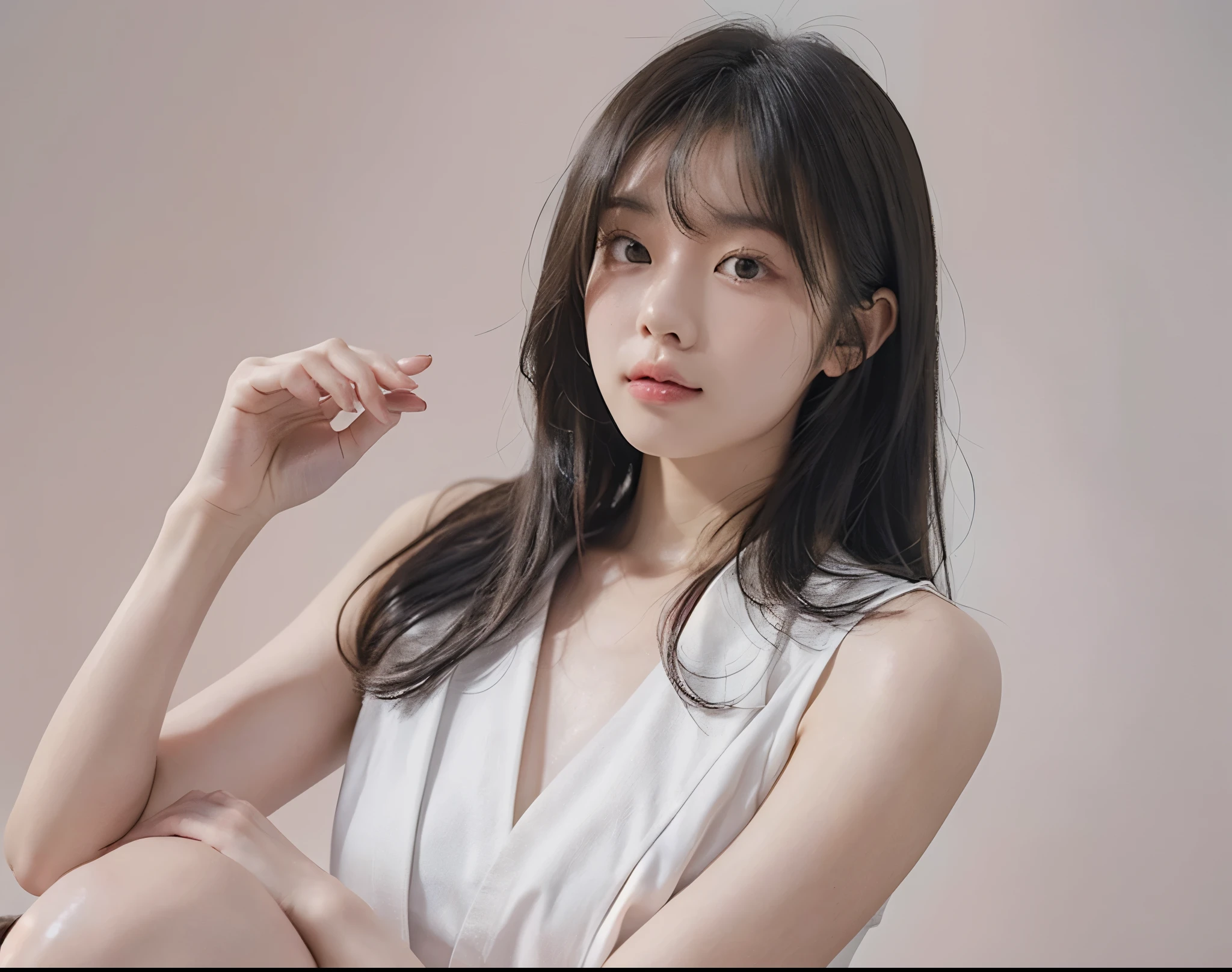 Japanese female model with medium hair。 studio with pure white background 。white and simple outfit 。Minimalistic Atmosphere 。