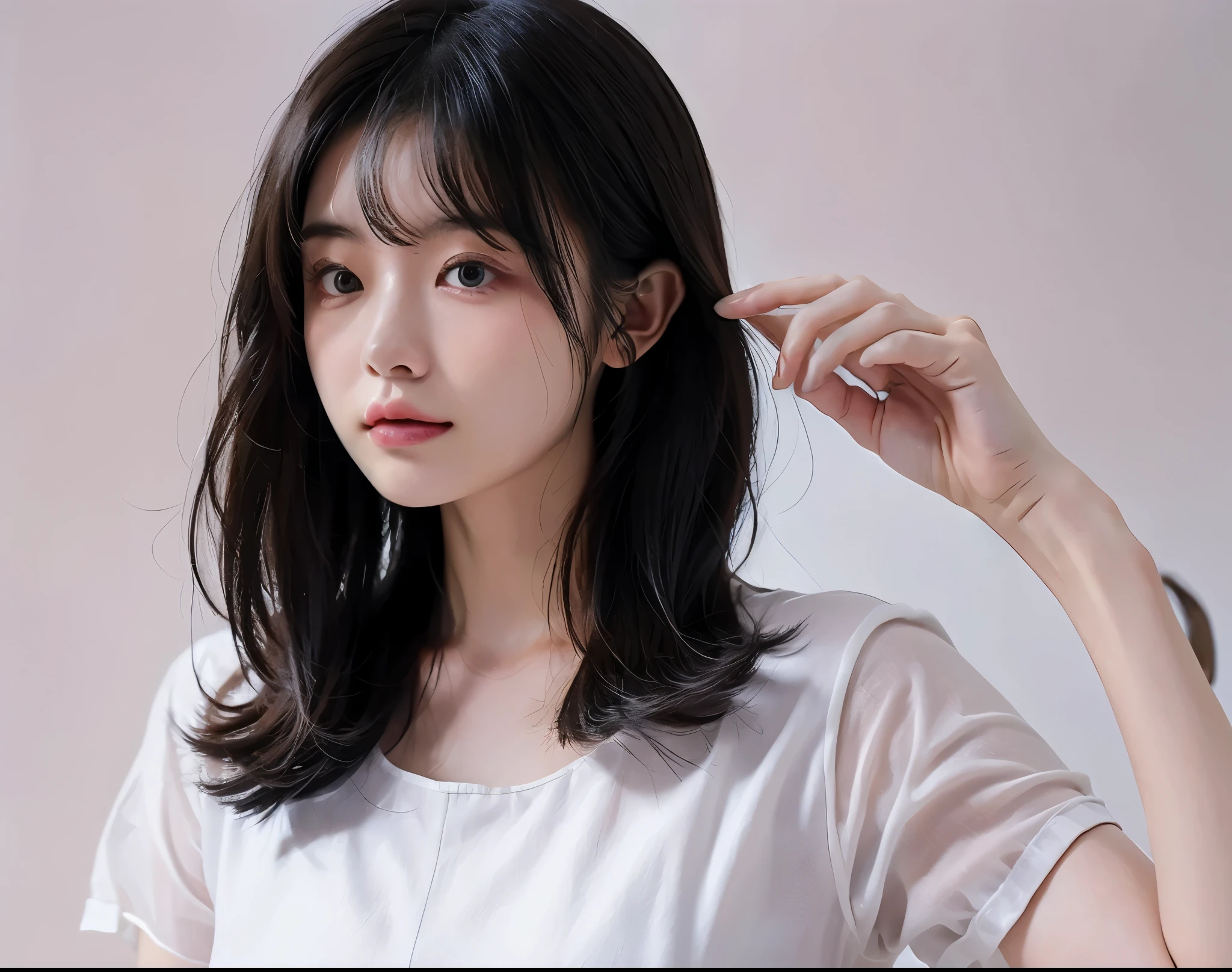 Japanese female model with medium hair。 studio with pure white background 。white and simple outfit 。Minimalistic Atmosphere 。