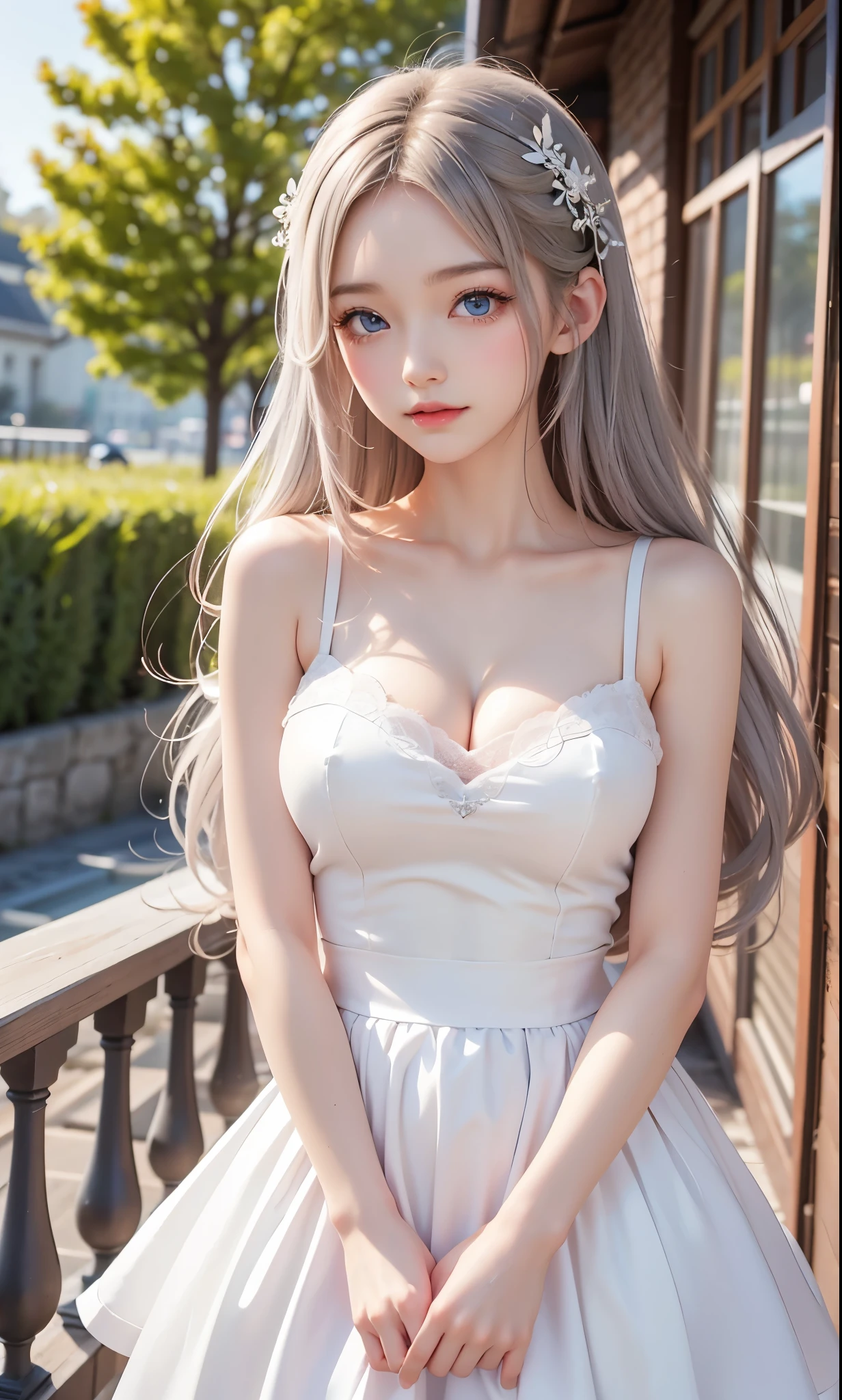 There is a woman in a white dress, artwork in the style of Gwaiz, Gwaiz on pixiv artstation, Gwaiz on artstation pixiv, Gwaiz, Fantasy art style, Gwaiz masterpiece, Beautiful and elegant queen, Beautiful character drawings, Detailed digital anime art, Blonde Princess, Gray Hair, Sky blue eyes, Pink Lips