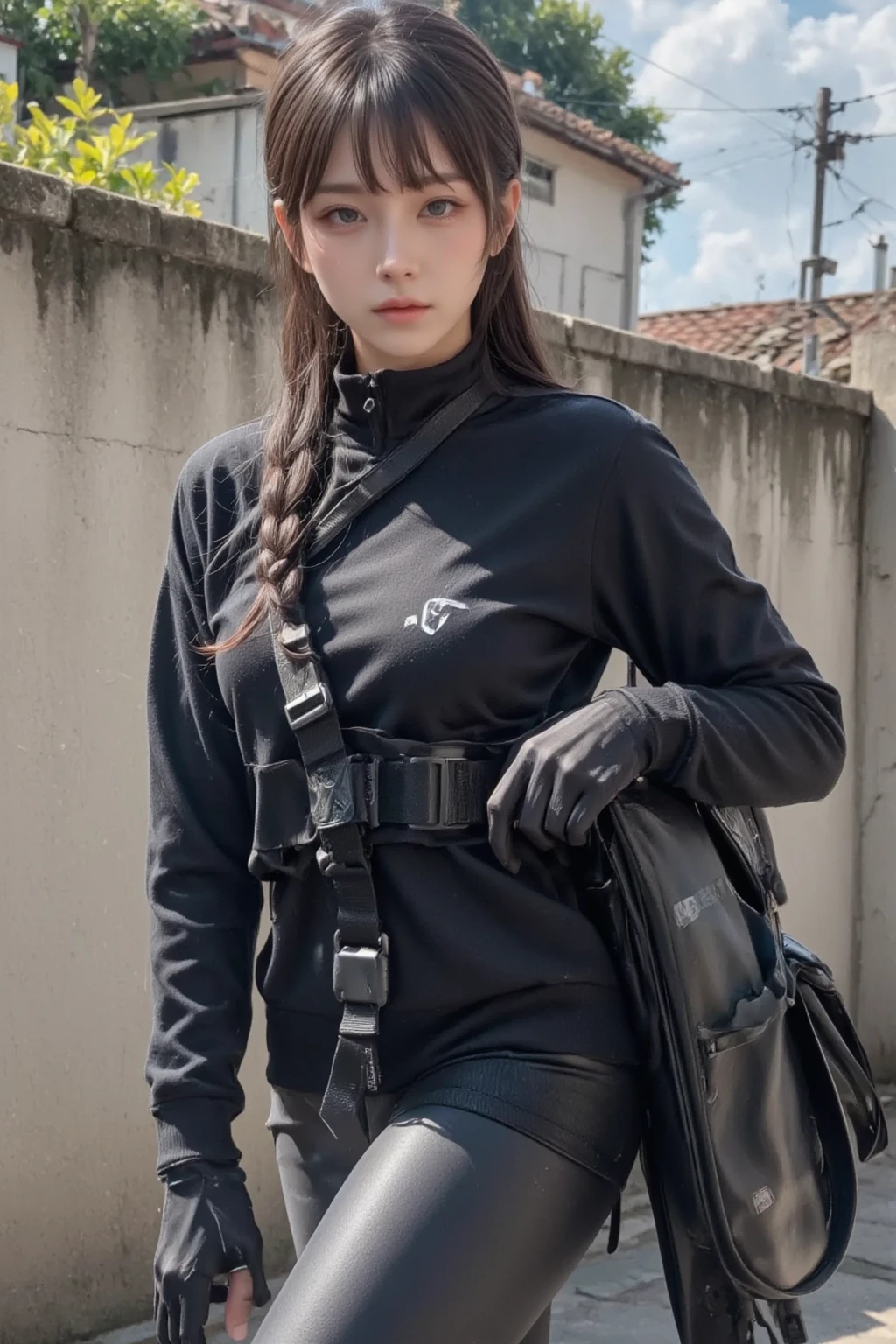((Best Quality, 8K, Masterpiece: 1.3)), ((best quality)), photorealistic, photorealism, 1girl aiming with an ak-47 assault rifle, Combat pose, Photorealistic, high resolution, looking to the camera, (Detailed face), perfect proportion, plump body:0.75, short black hair, blue rubber suit, military harness, revealed thigh, Gun,black gloves, high-tech headset, Fingers are occluded, concrete wall background,