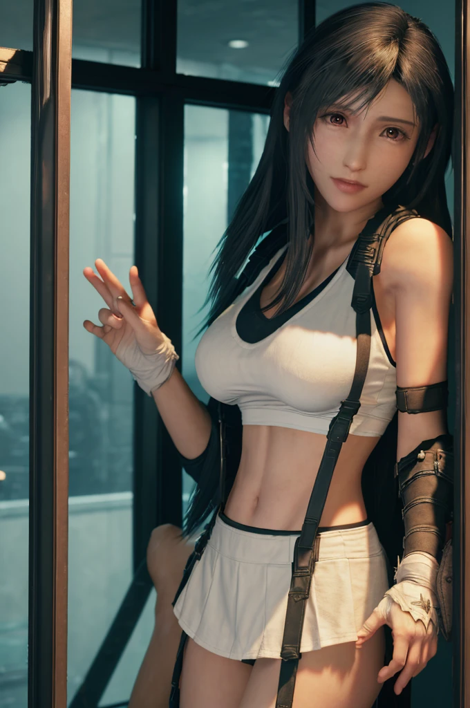 (8k、Highest quality、masterpiece:1.2)、(Realistic)、Very detailed、Girl 1 Mature Mature Woman Mature Woman 、、、、、、(Tifa Lockhart)、(Big Breasts)、(((Huge breasts)))、(((change, Show the good stuff)))、(((Black bra)))、(美しいeye)、(A cheerful smile:1.2)、Sexy pose、dance、neon、Cityscape、Depth of written boundary、Dark and strong shadows、Sharp Focus、car、Motion Blur、Depth of written boundary、composition、Glowing green light、Final Fantasy VII、(鼻がredくなる)、Single Elbow Pad、Ankle boots、Dark black hair、redいブーツ,Partially fingerless gloves、Tight shirt、White Skirt、tights、White tank top、whole body、Low tie long hair、(red_eye)、Bokeh、Perfect breasts, (Low angle shooting),((Panty shot)),Looking up from below,((redい頬:1.3))、((Ceiling seen from below))、(Body facing towards the camera)、((Under the skirt))、((A woman rolling up her skirt))、((View from below:1.4))、((Panties close up:1.5))