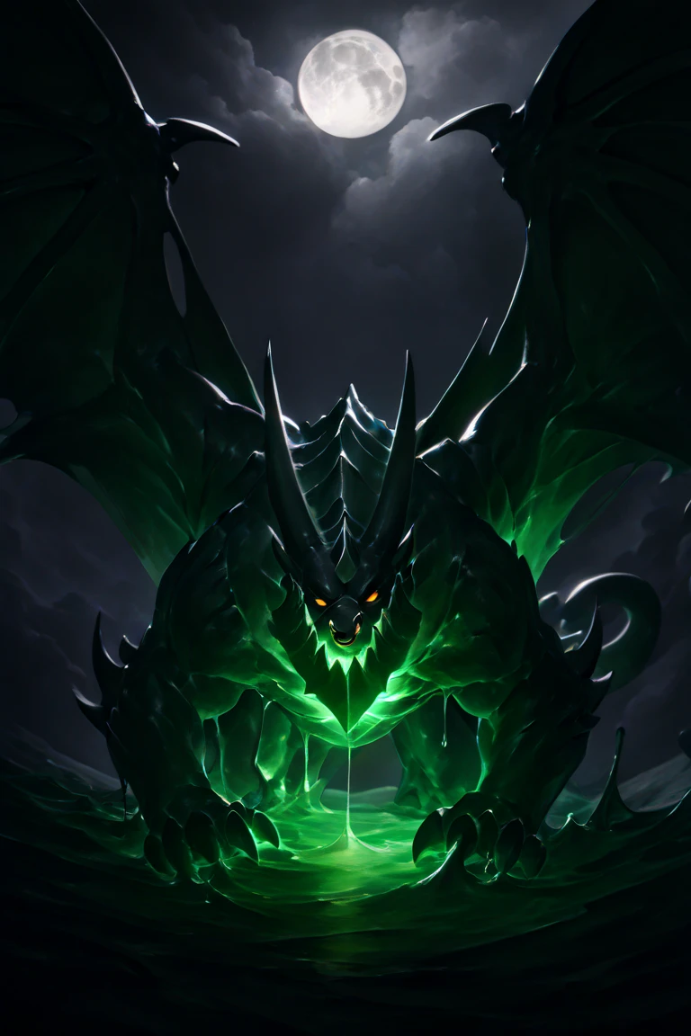 ((masterpiece, best quality)), highres,
konya karasue, flat color, lineart, full body,
year 2024, year 2023, ((art by Interz, art by nighdruth)), 3D, deathwing, dragon, monster, feral, muscular, (metal jaw:1.05), glowing chest crack, metal chest, white jaw, black horns, wings, orange eyes, multiple horns, nose horn, claws, solo, (black_scales:1.1), (black body:1.1), large wings, green dragon wings, spread wings, all fours, 4 fingers, claws, toe claws, all fours, looking at you, smirk, Glaring, wide-Eyes, green tongue, Light Blush, Growling, depth of field, grey sky, cloud, beach, full moon, magma, ((big gold nose ring, Tail ring)), (glowing body), Zac, green goo body, slime, monster, Cowboy Shot, From Side, From outside, Bloom, Glowing Light, Reflection Light, God Rays,