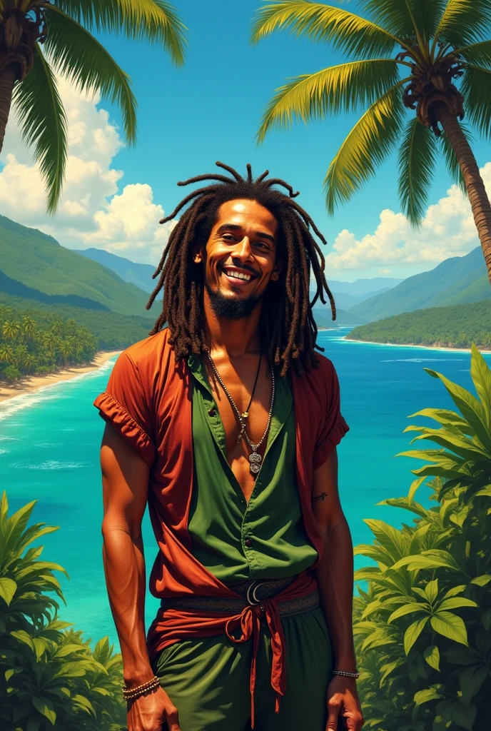 Summer, sun, beach, coconut palms, swell sea, nature, light blue sky, morro de são paulo, bahia, brasil, anime style, 2d, young man sitting in the shade of the coconut tree, with his hand on his knee, holding a joint with smoke, looking down, luminous, dark skin, long hair of dreads, long wavy hair,, tan, surfboard, High waves, shirtless, surf shorts with coconut drawing, Hangdown, thoughtful, sunlight, sparkle on the face, shadow on the face, sitting on the sand, vegetation around, stone with moss, paradise, Lost Paradise, Mystic, Magic, Misterious Atmosfere, Manga Style, Dragon Ball Z, with marijuana based in hand, smoke coming out of the cigarette, burning ember