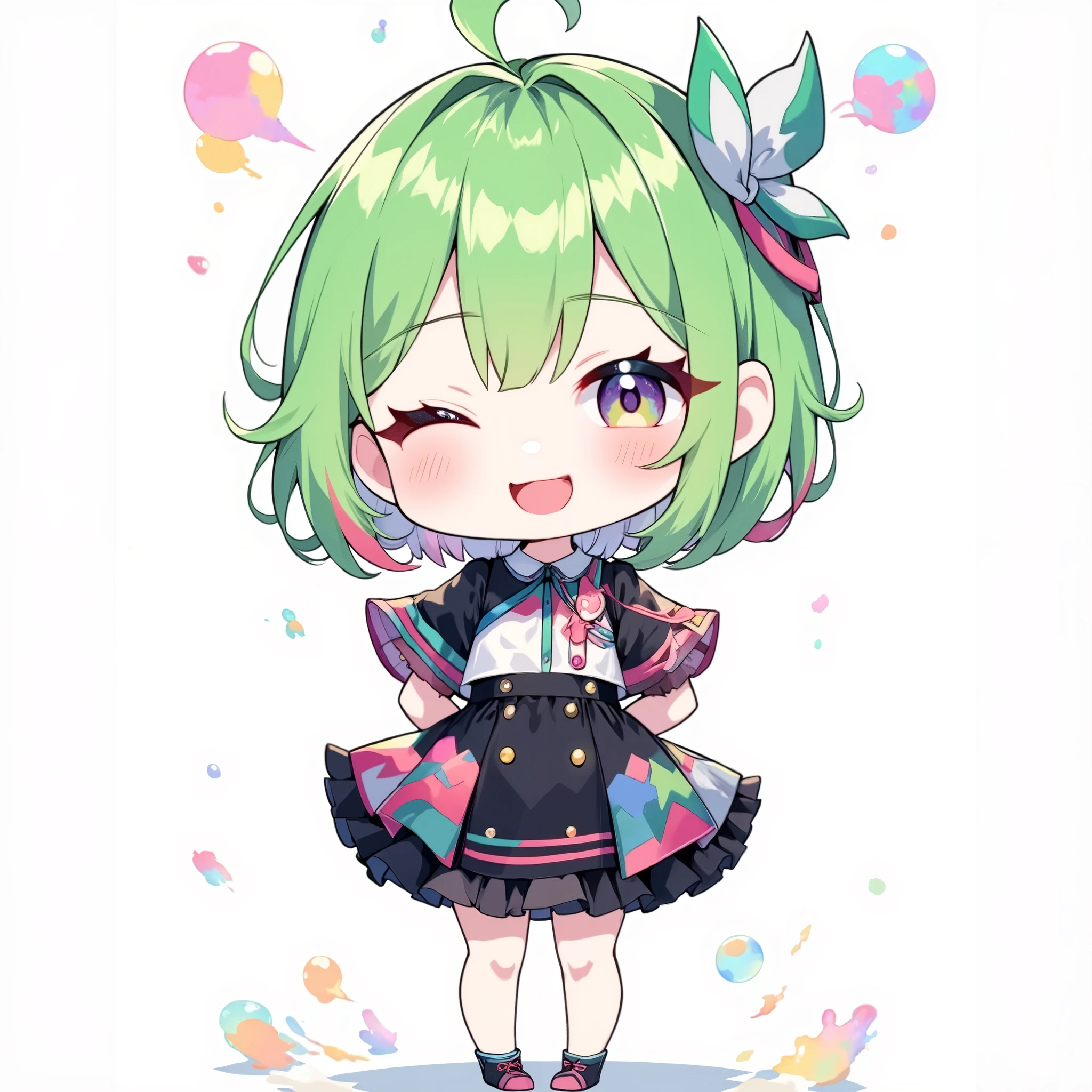 ( chibi:1.4), chibi character, chibi style, toe, (cwhite background:1.4),full body,masterpiece, high quality, 4K, HDR,, A girl with frills, anime-style , with a cheerful smile、 open your big mouth、 close one eye、 winks、 simple background、Color scheme using primary colors、Green Hair、stupid hair、 black dress 、The whole body is shown and there are margins、 hands are folded behind the back