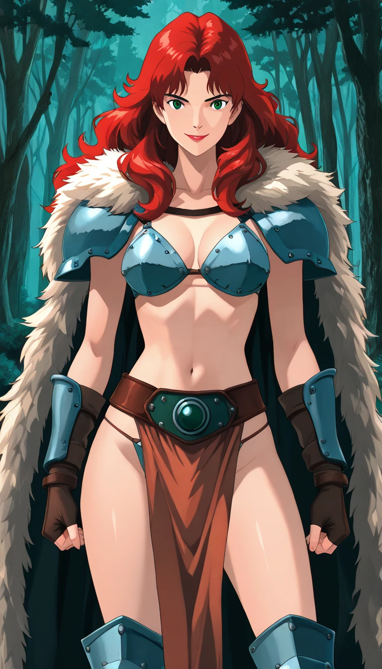 red hair, long red hair, thigh strap, armor, chainmail, armored bikini, brown gloves, red sonja, green eyes, showing armpits, raised arms, arms up, arms behind head, posing, solo, masterpiece, armpits, chainmail bikini, groin, snowy background, freezing atmosphere, silver armbands, perfect proportions
