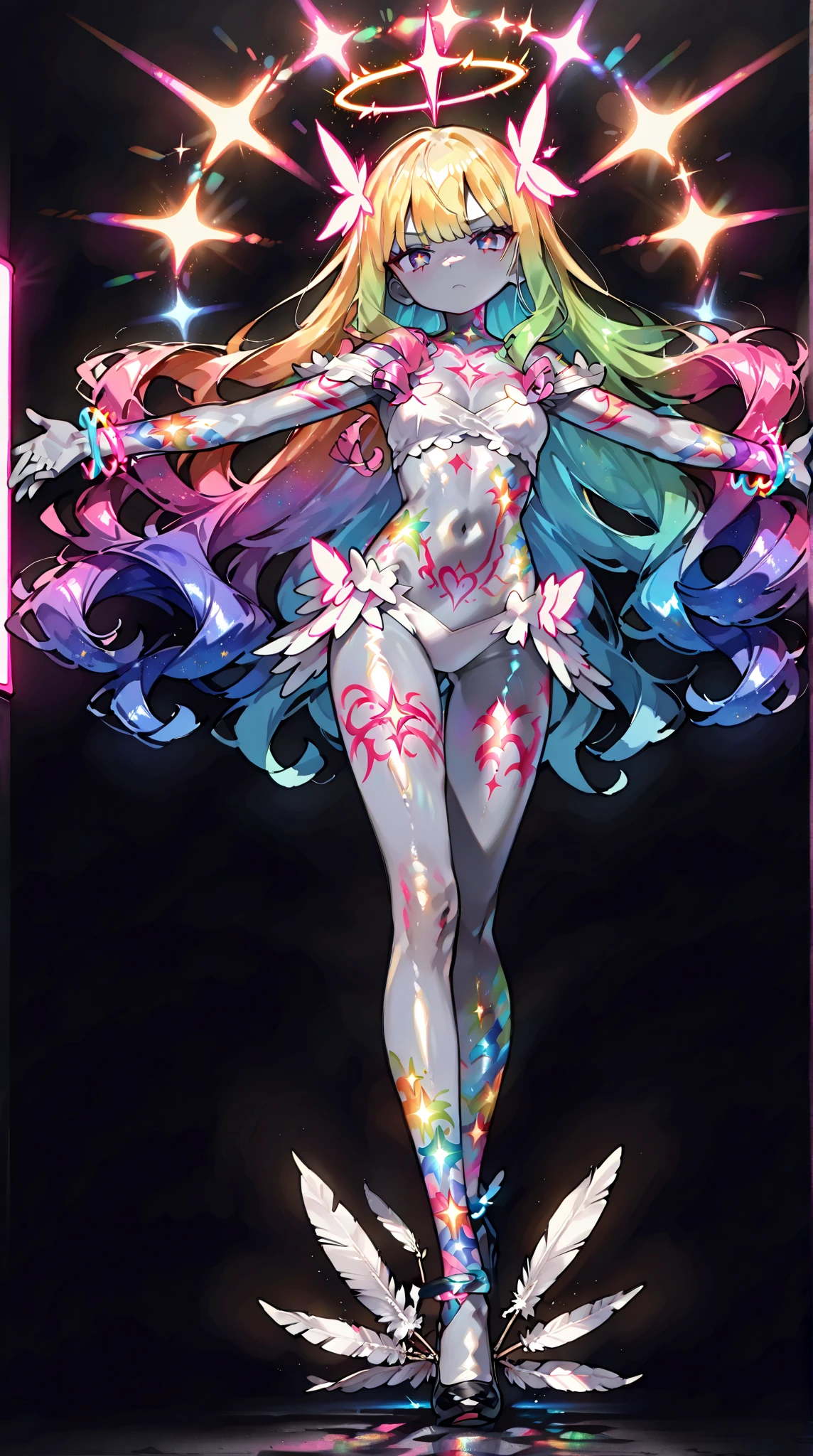((ultra quality)), ((realistic,digital art)), (hyper detailed) Hyperrealistic image Beautiful woman in a white bikini standing in front of a window, a hologram of Isabel Naftel, instagram, super flat, white background, full body, sensual, fairy, starry night, pink color, blue color, gold color, black color, anime style 3d ilya kuvshinov style